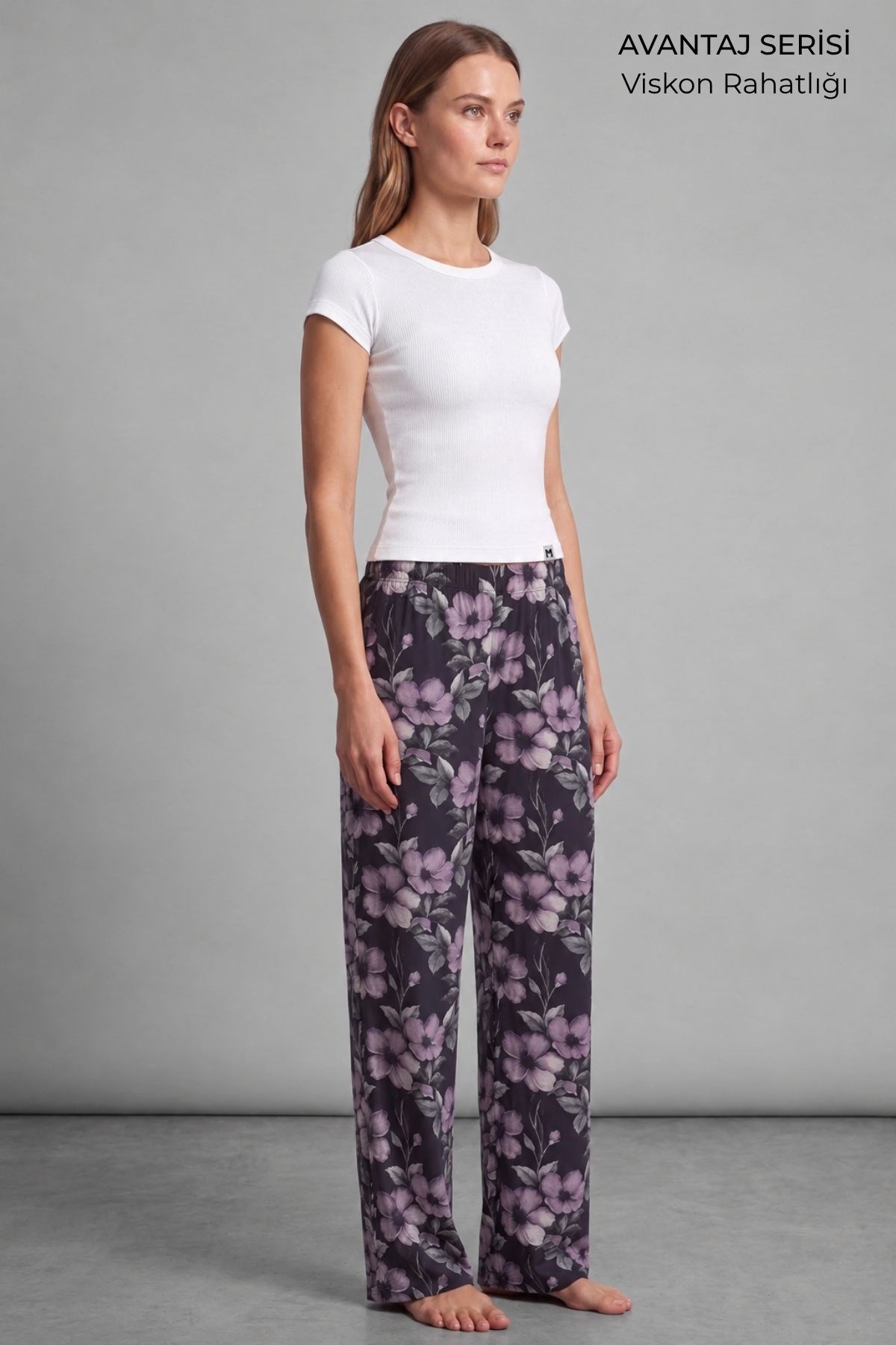 Mısırlı Kadın Viskon Çiçekli Alt Pijama Siyah