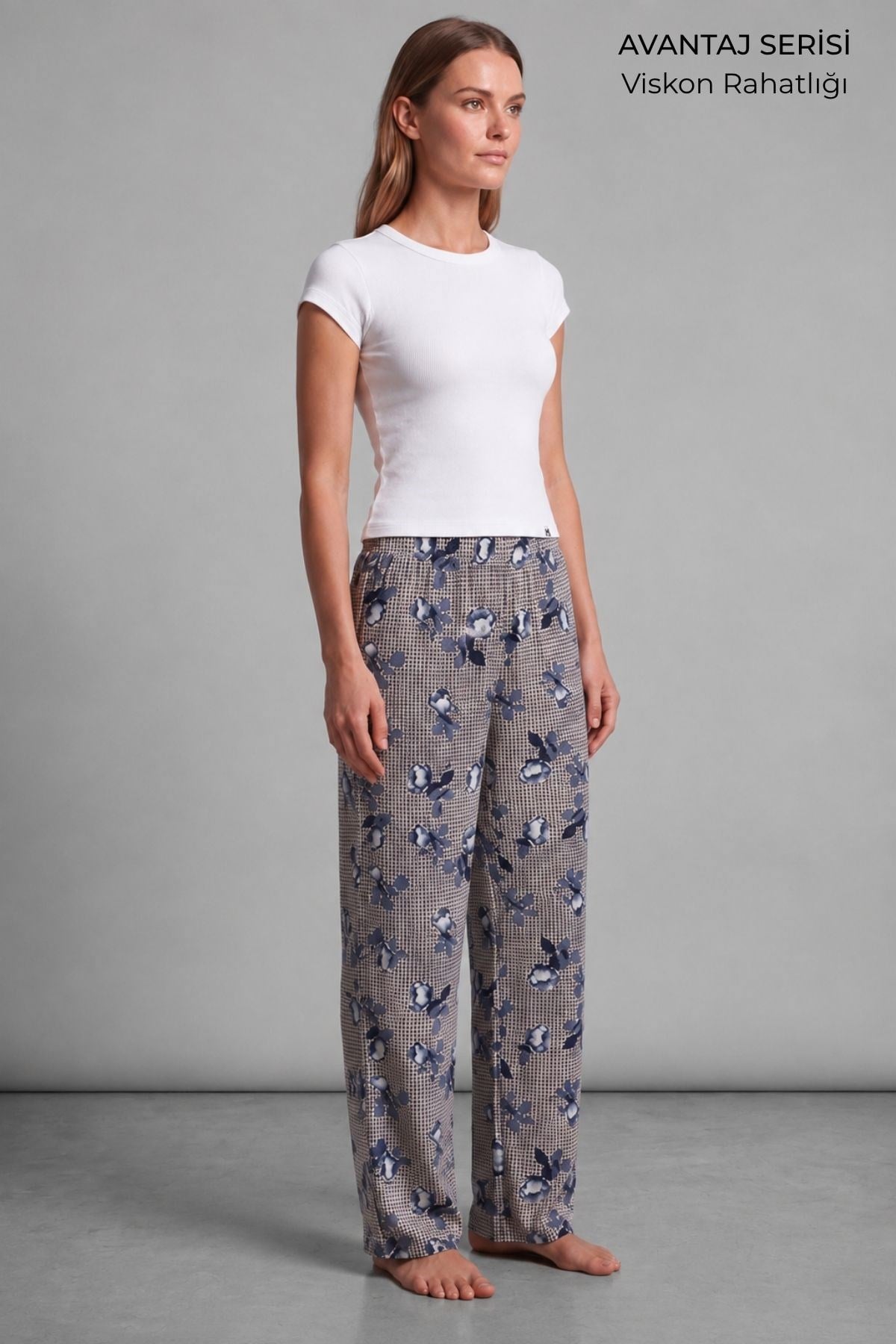 Mısırlı Kadın Viskon Çiçekli Alt Pijama Bej/Lacivert
