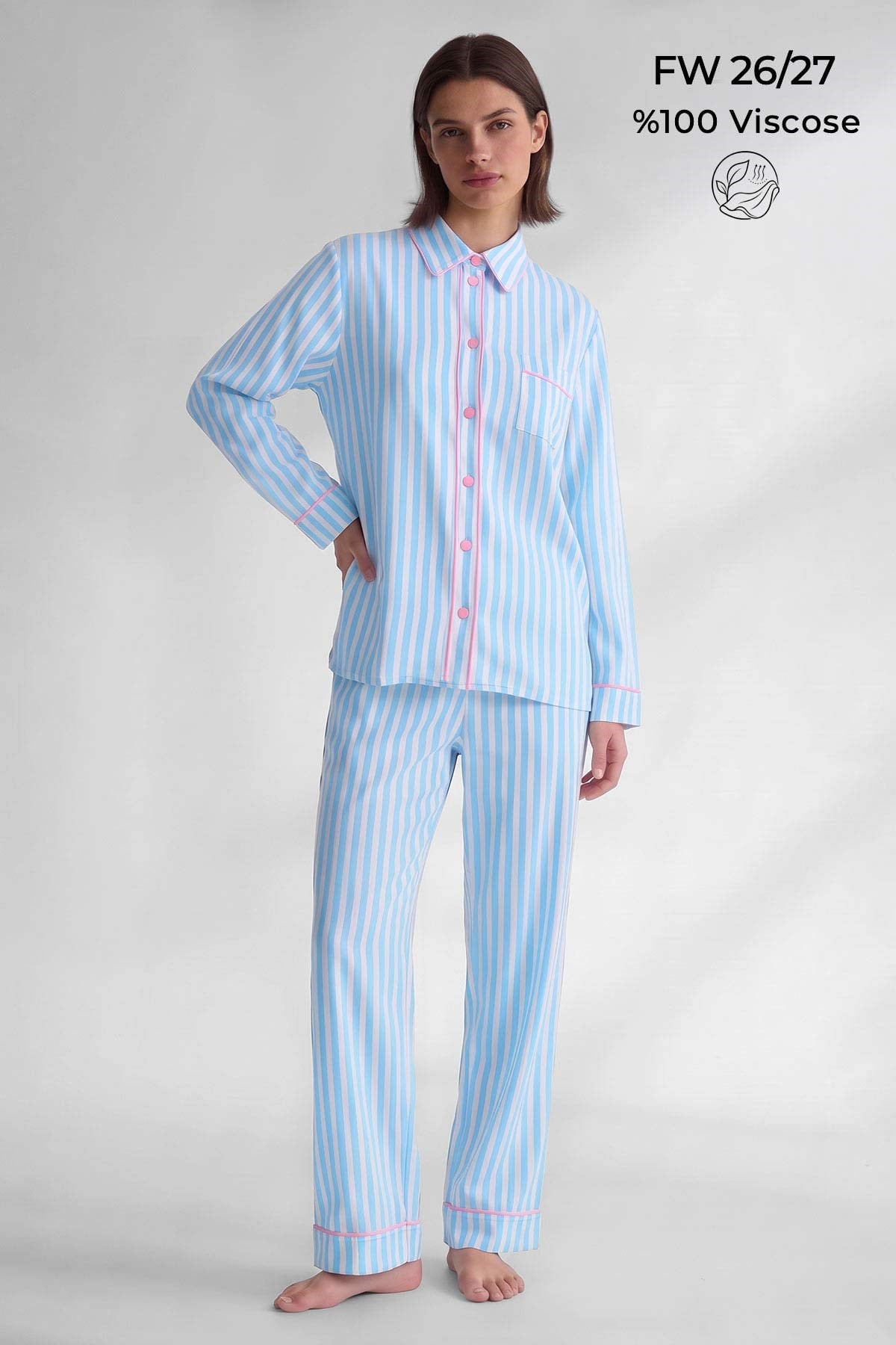 Mısırlı Kadın Viskon Çizgili Garni Detayli Pijama Takım Mavi