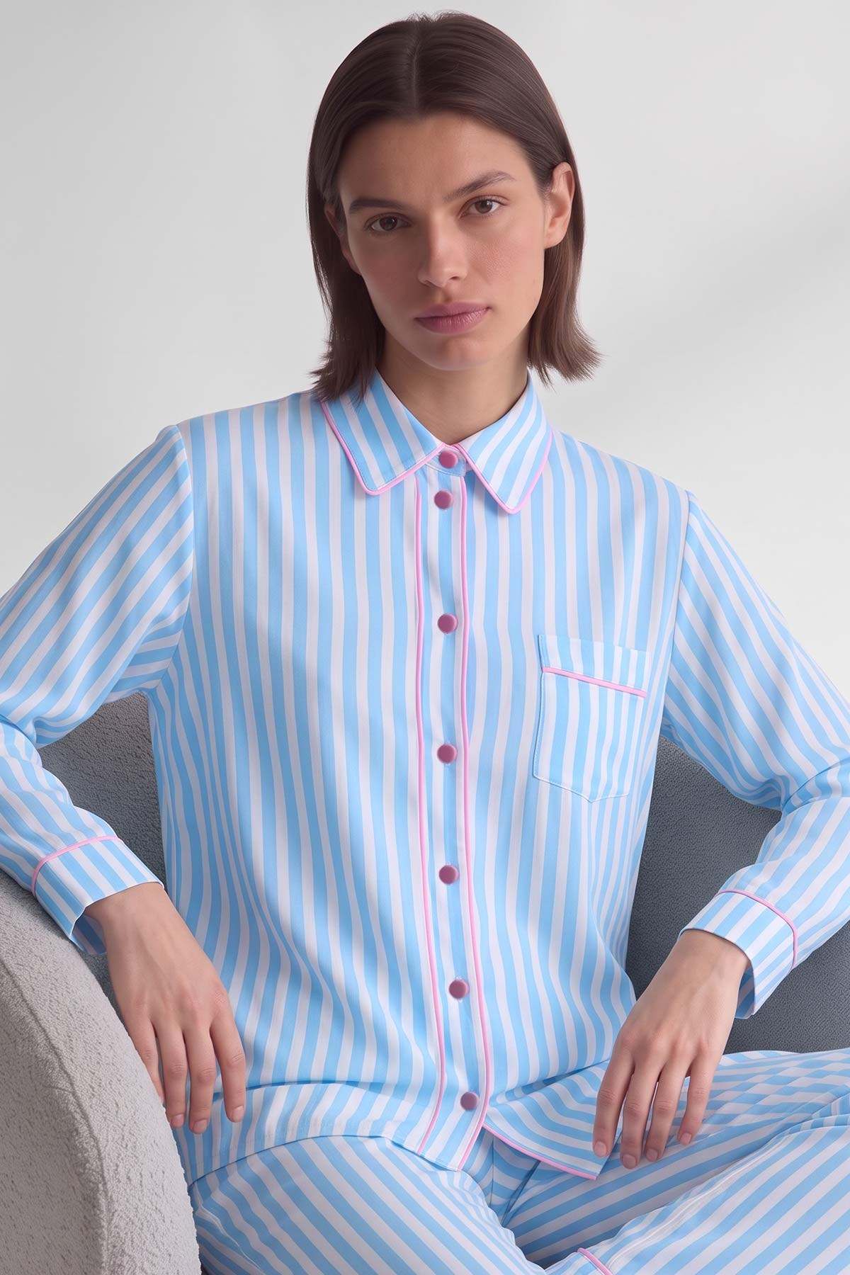 Mısırlı Kadın Viskon Çizgili Garni Detayli Pijama Takım Mavi