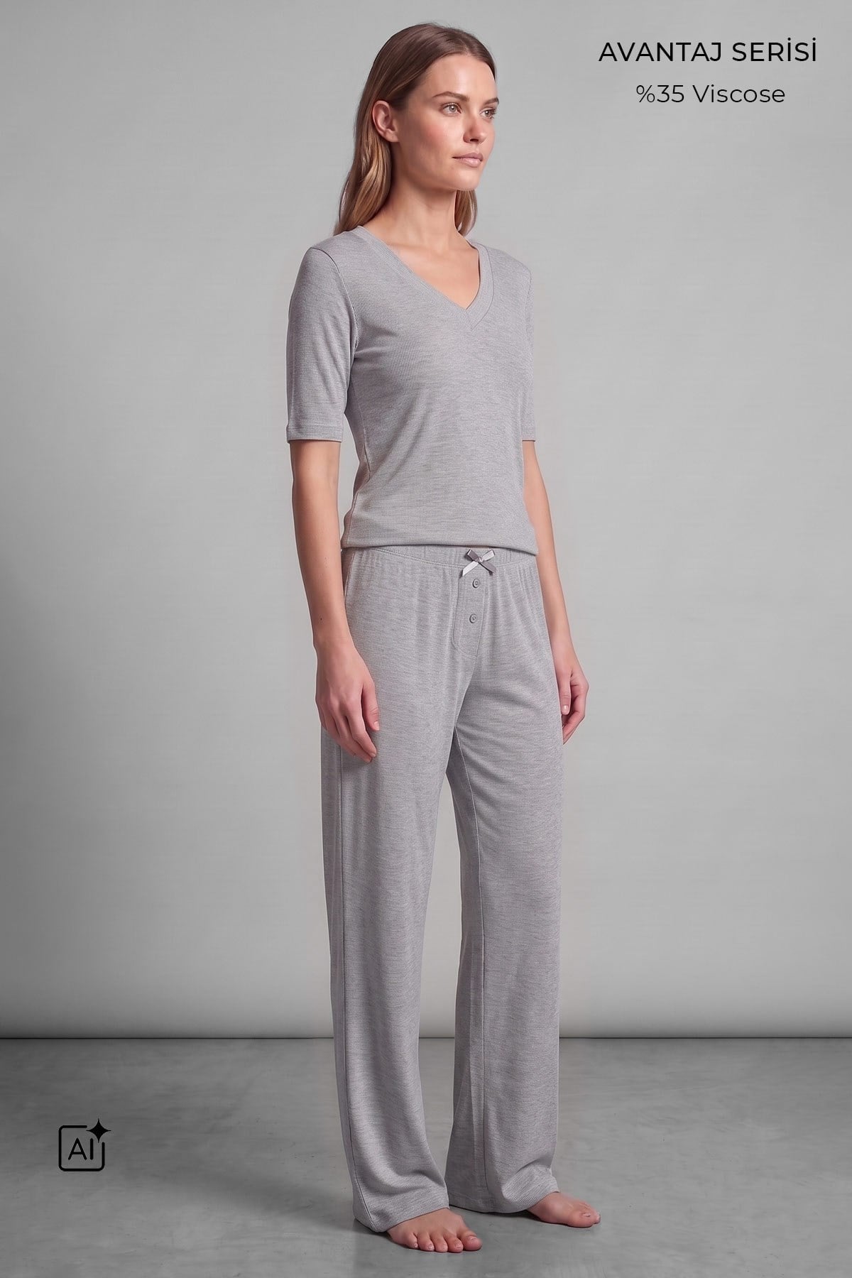 Mısırlı Kadın Viskon Kaşkorse Kısa Kol Pijama Takım Gri Melanj