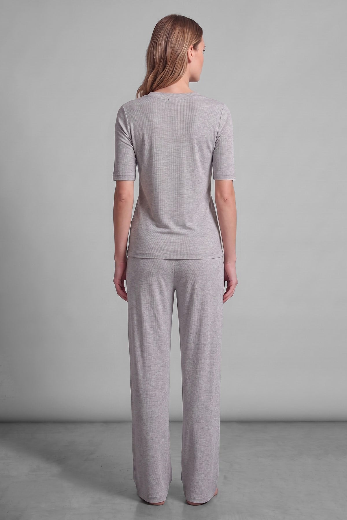 Mısırlı Kadın Viskon Kaşkorse Kısa Kol Pijama Takım Gri Melanj