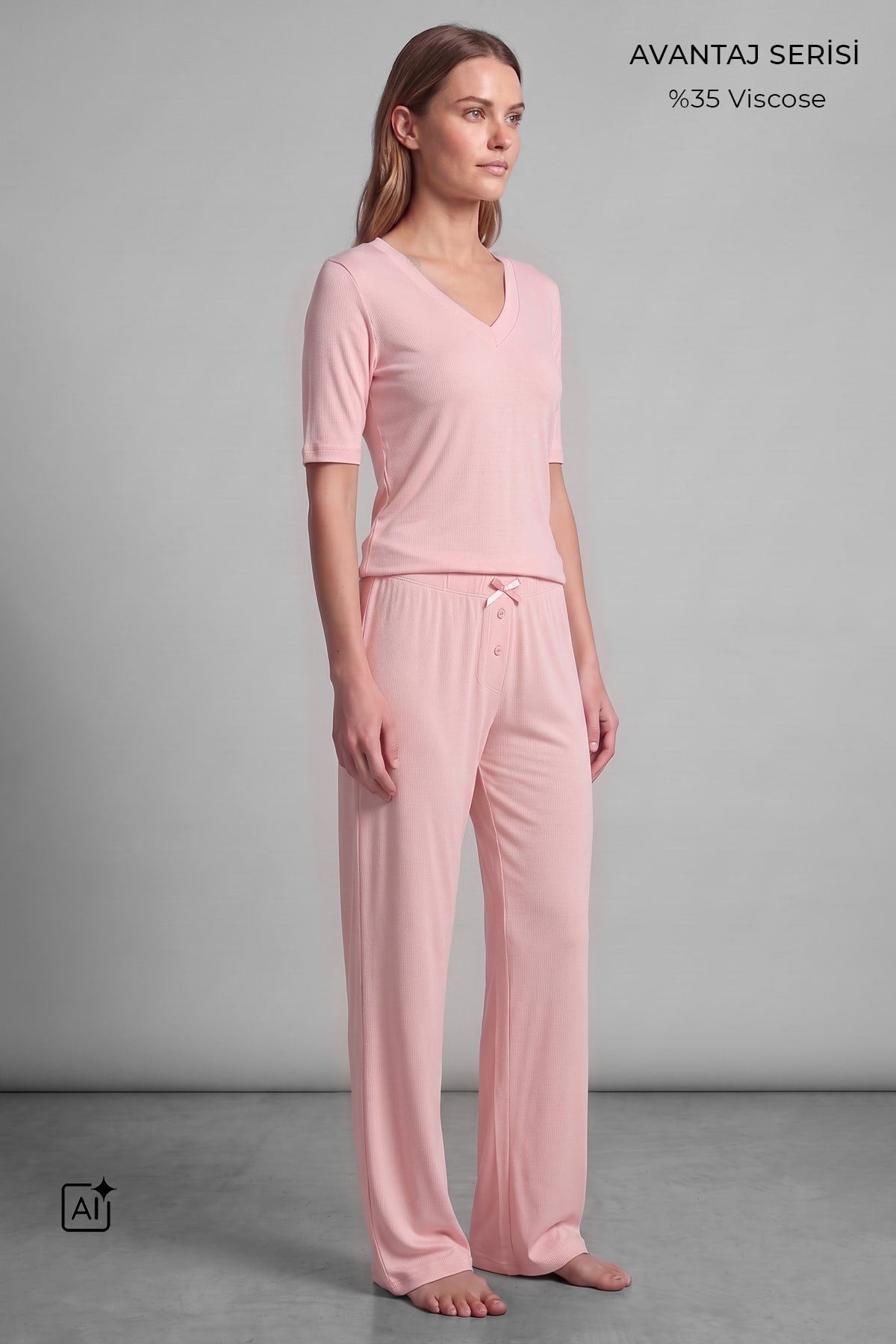Mısırlı Kadın Viskon Kaşkorse Kısa Kol Pijama Takım Açık Pembe