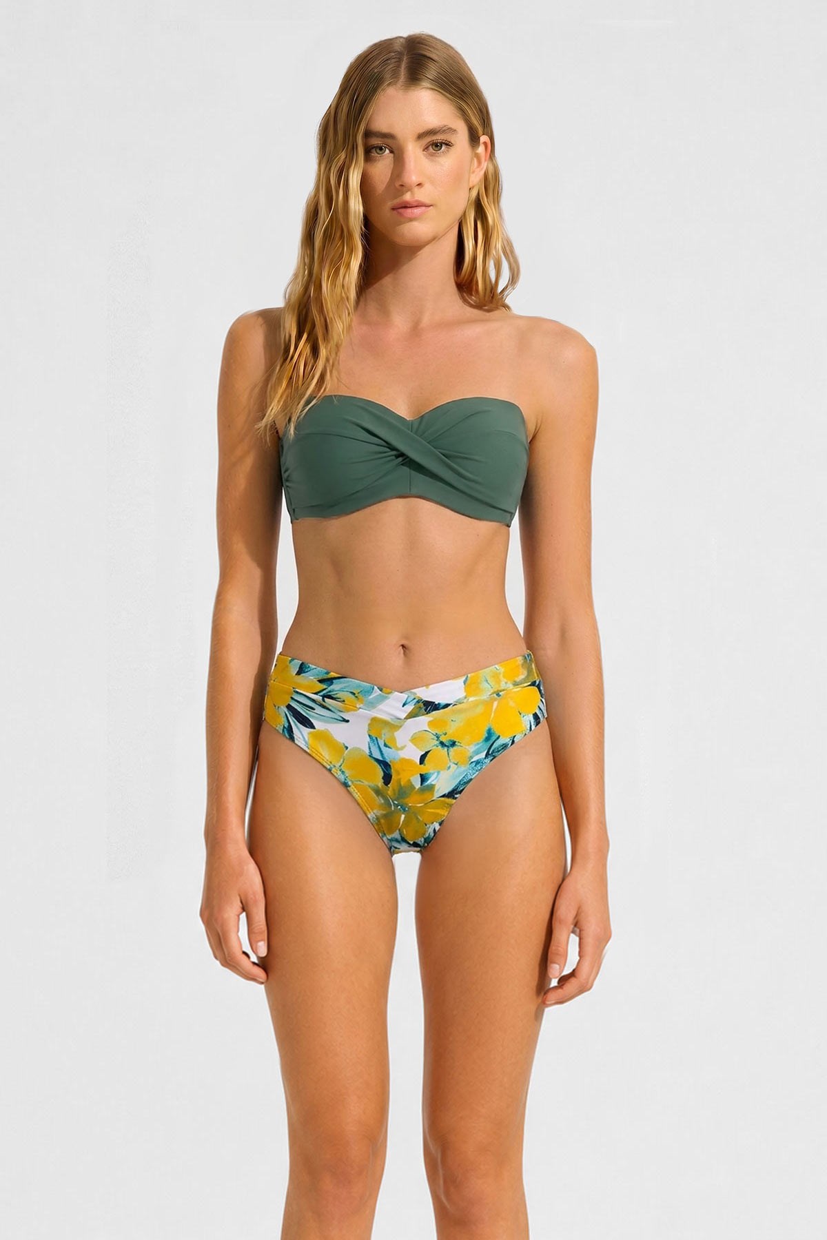 Mısırlı Kaplı Straplez Bikini Takım Sarı Çiçek Desen