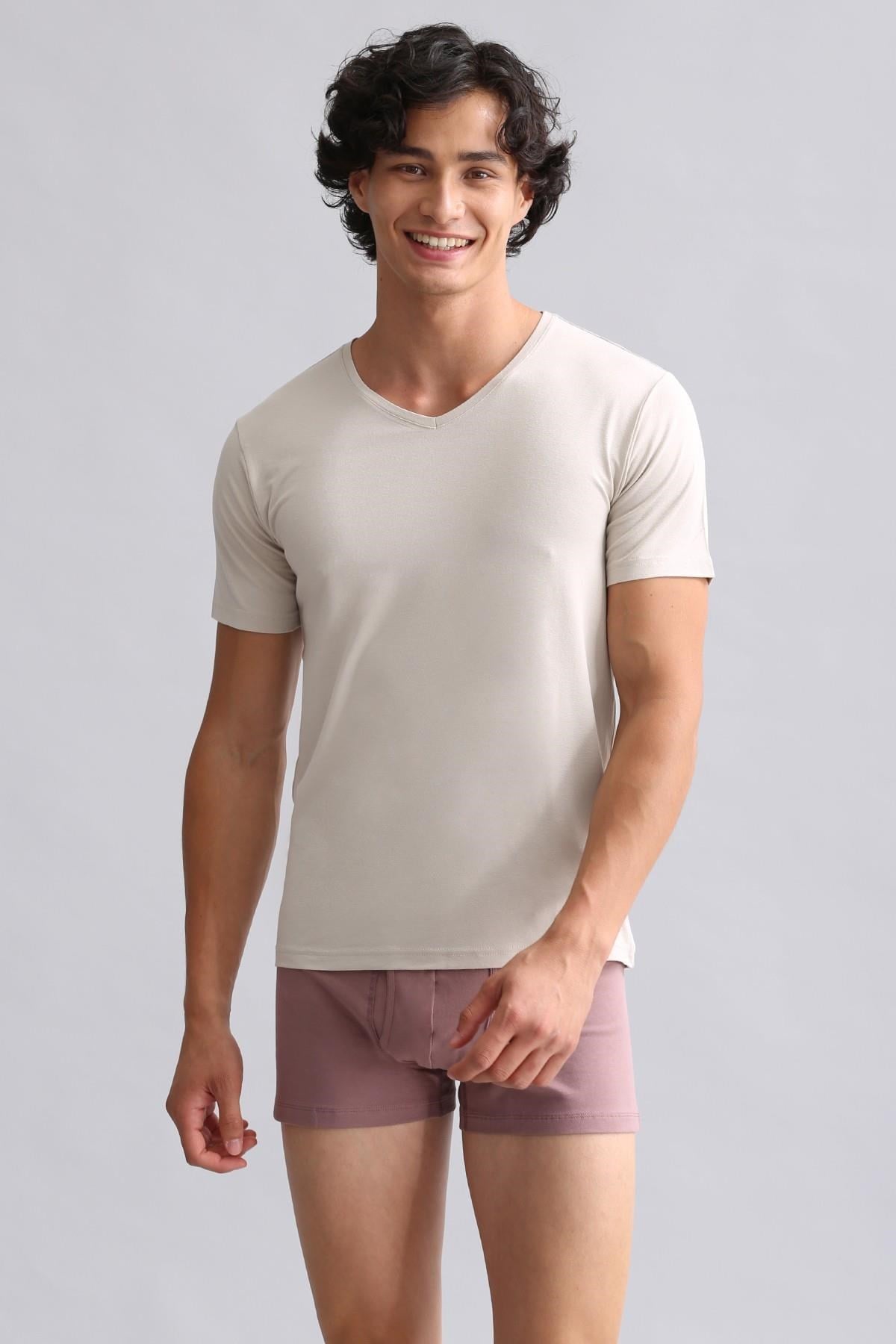 Mısırlı Modal by TENCEL HERCULES Slim Fit V Yaka Fanila / T-Shirt Toprak Bej