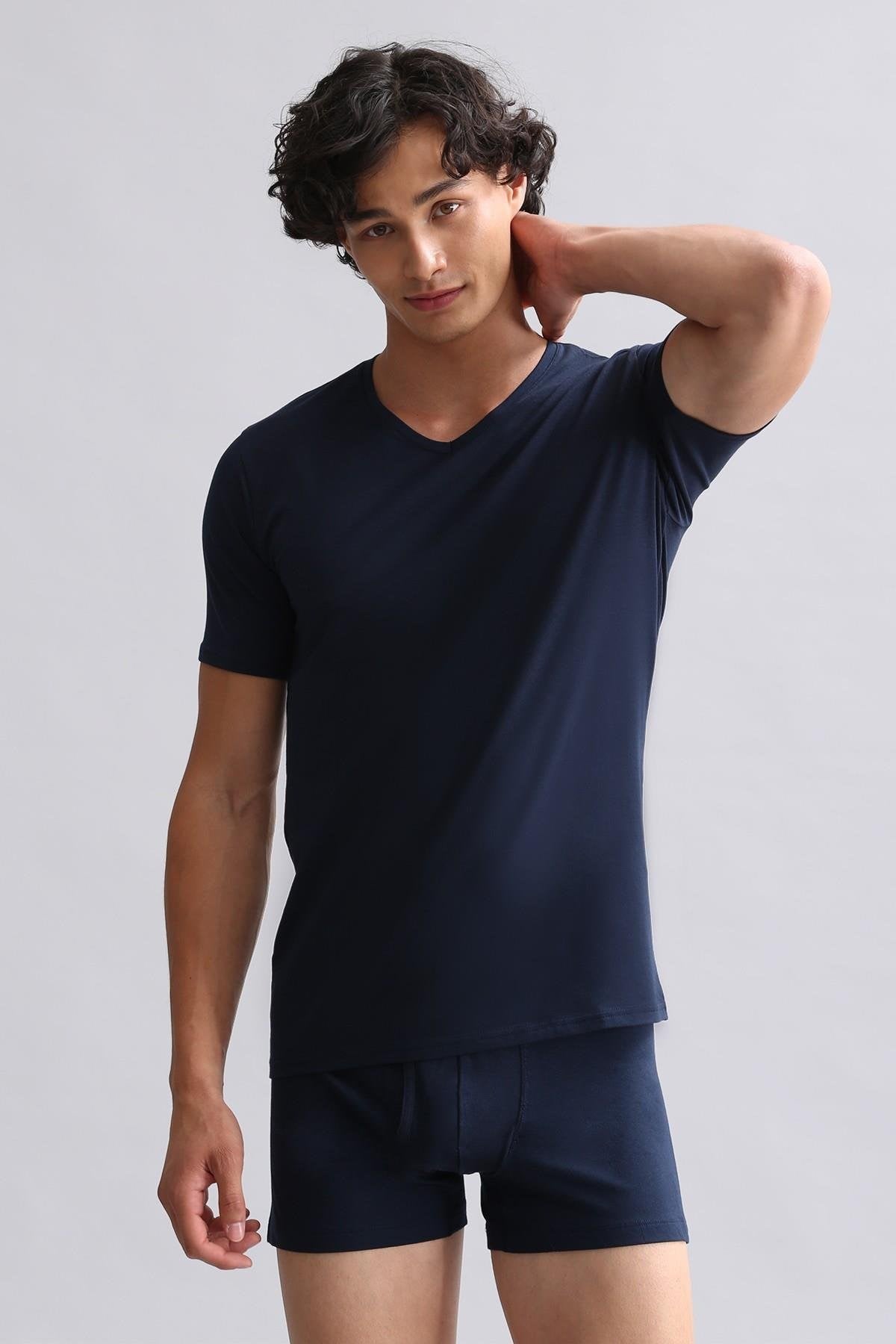 Mısırlı Modal by TENCEL HERCULES Slim Fit V Yaka Fanila / T-Shirt Lacivert