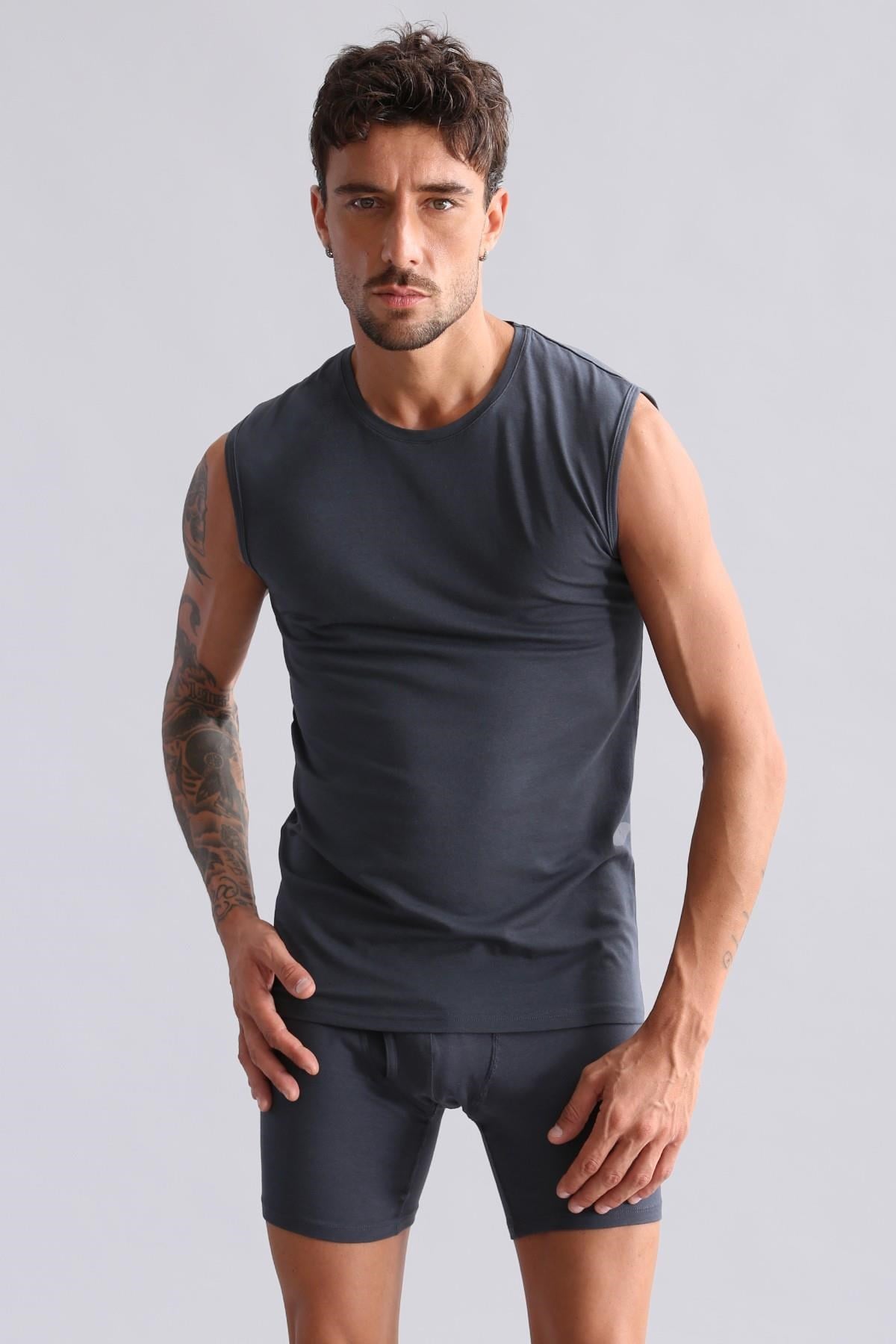 Mısırlı Modal by TENCEL HERCULES Slim Fit Bisiklet Yaka Sporcu Atlet / T-Shirt Antrasit