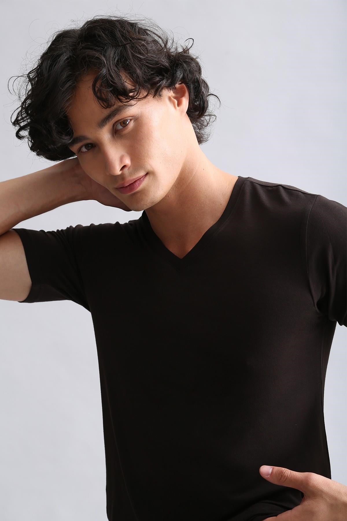 Mısırlı Modal by TENCEL HERCULES Slim Fit V Yaka Fanila / T-Shirt Kahverengi