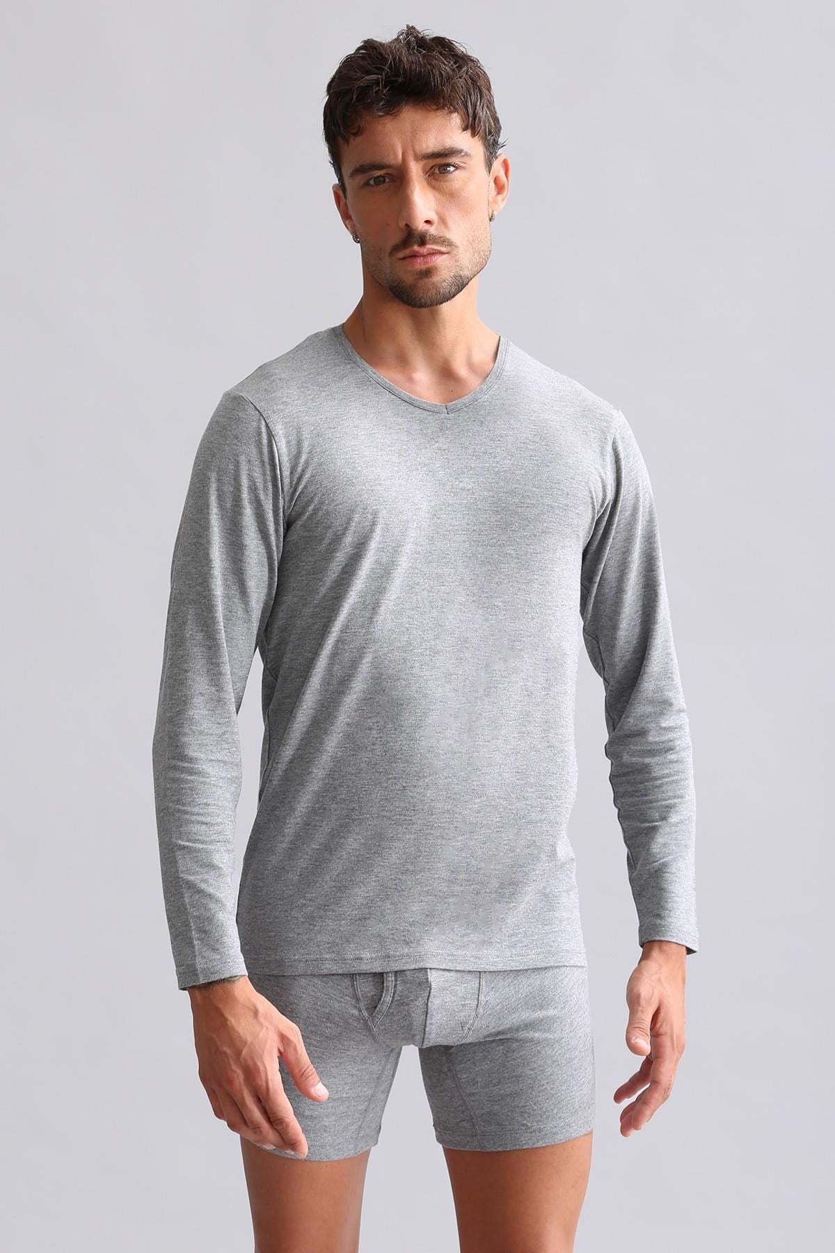 Mısırlı Modal by TENCEL HERCULES Slim Fit V Yaka Uzun Kollu Fanila / T-Shirt Gri Melanj