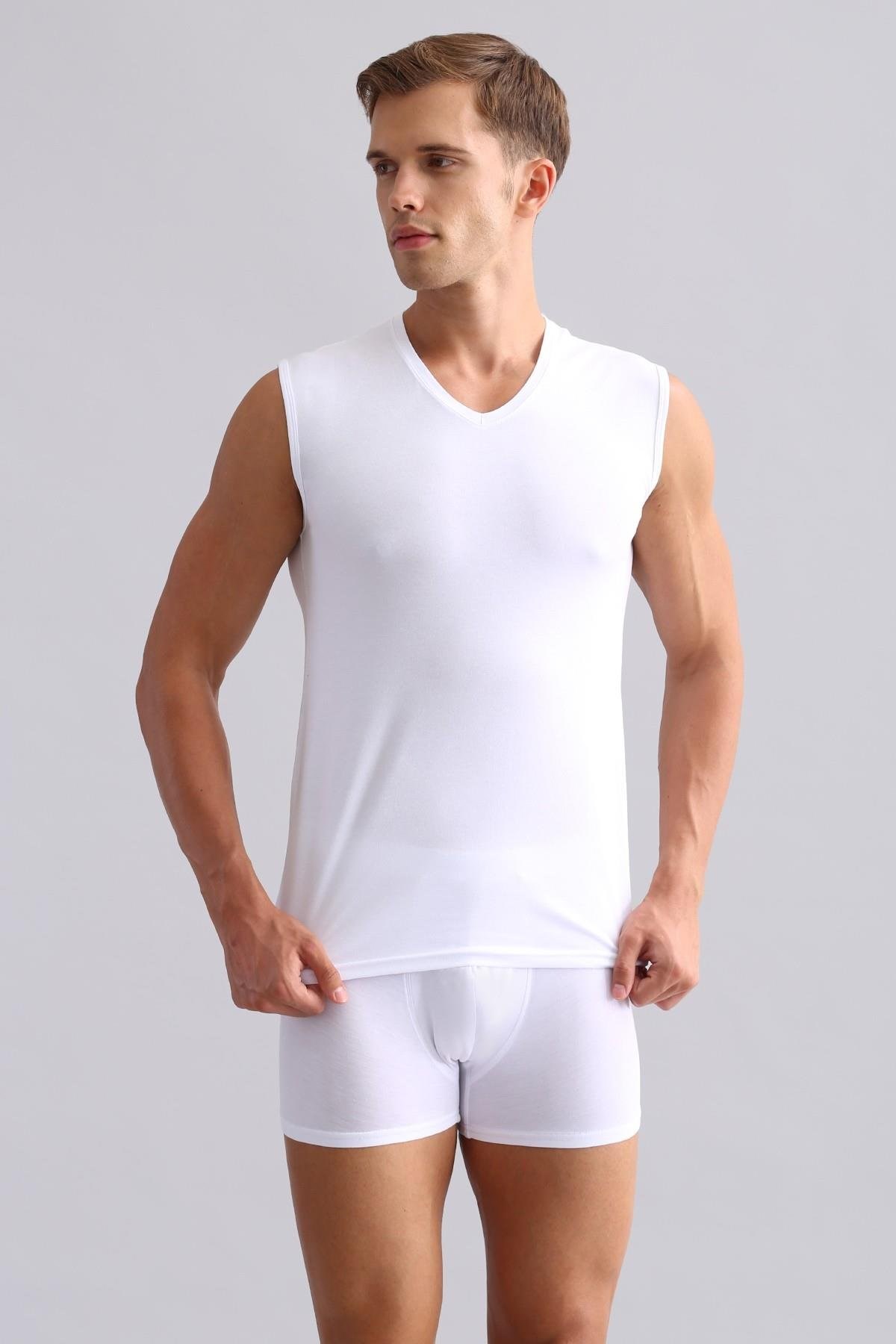 Mısırlı Modal by TENCEL HERCULES Slim Fit V Yaka Sporcu Atlet / T-Shirt Beyaz