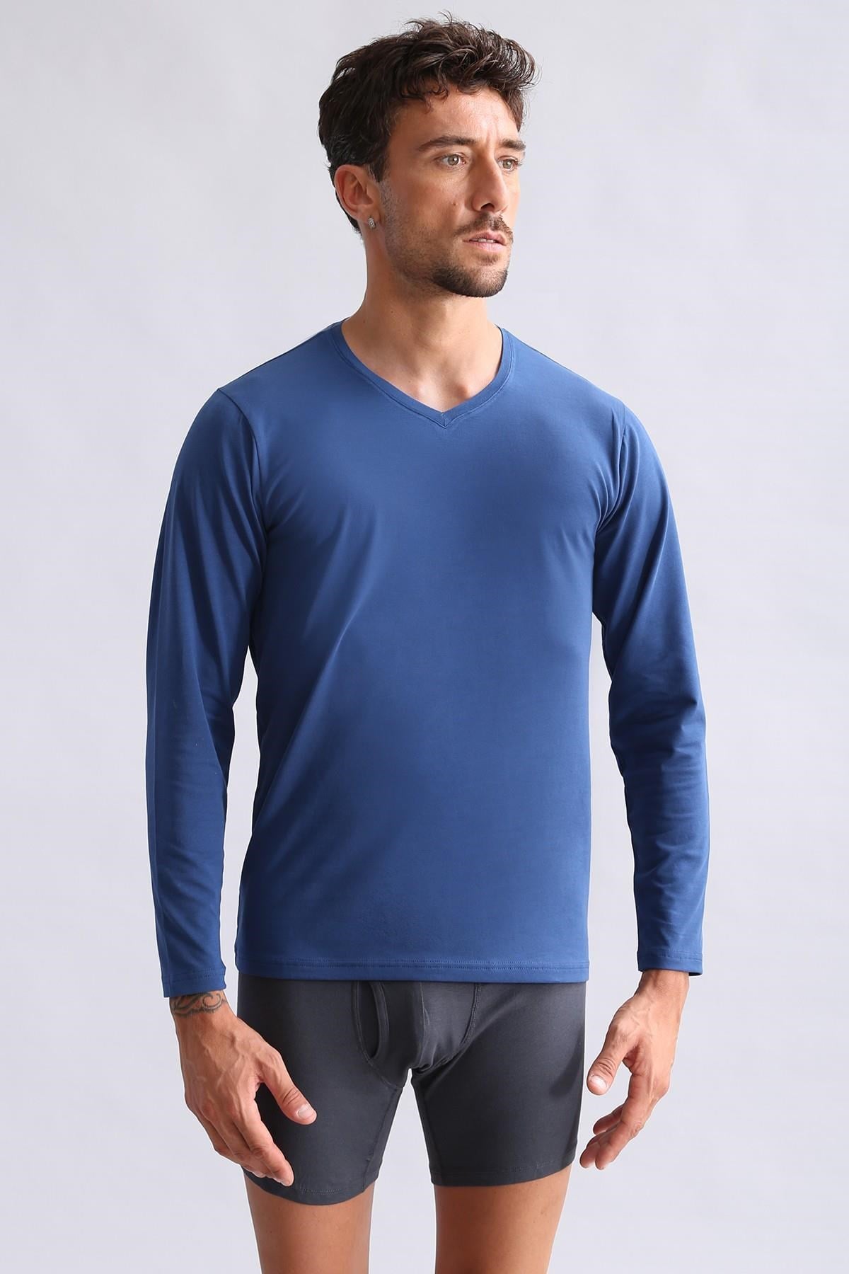 Mısırlı Modal by TENCEL HERCULES Slim Fit V Yaka Uzun Kollu Fanila / T-Shirt Gece Mavisi
