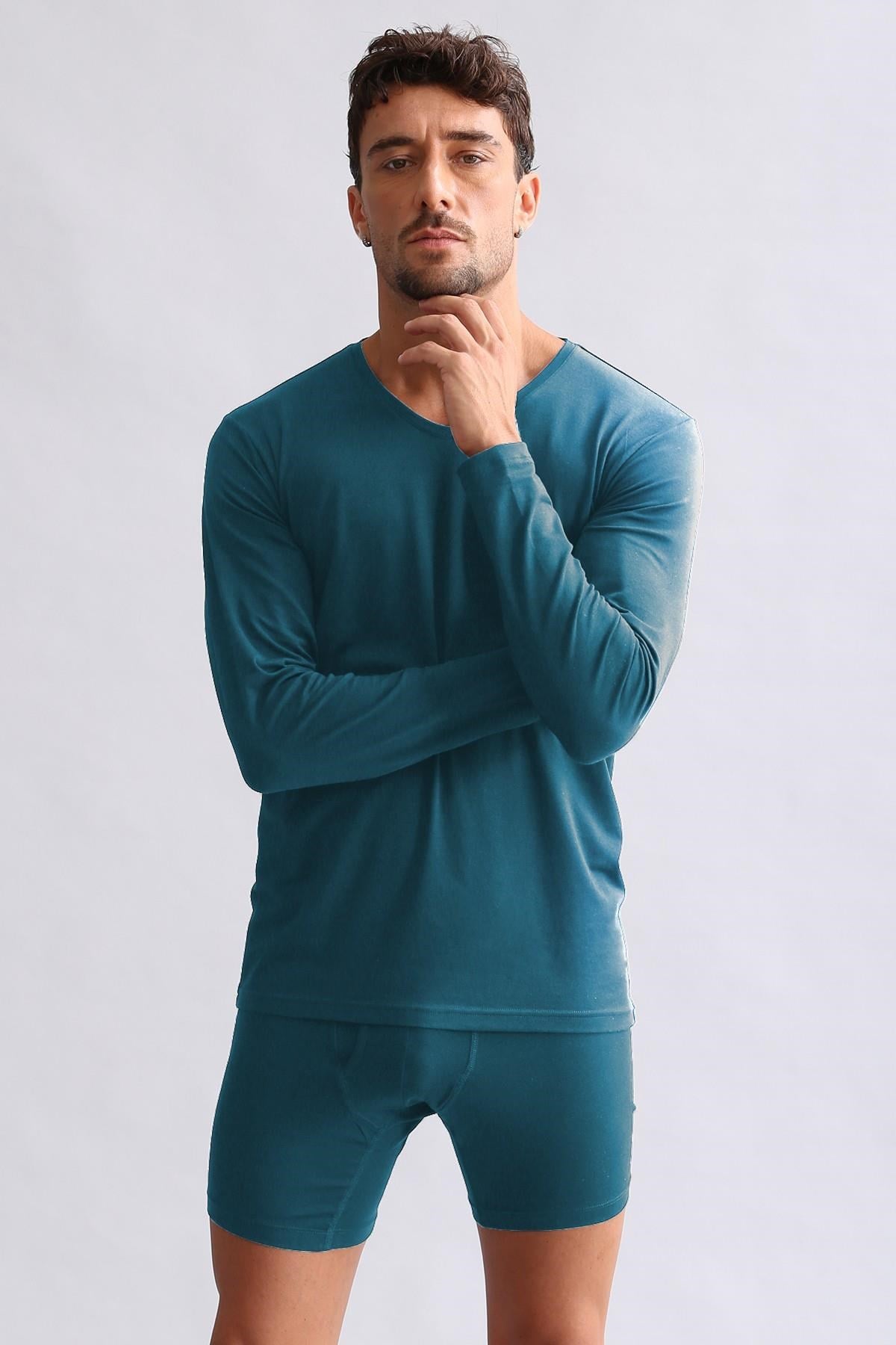 Mısırlı Modal by TENCEL HERCULES Slim Fit V Yaka Uzun Kollu Fanila / T-Shirt Fit Green
