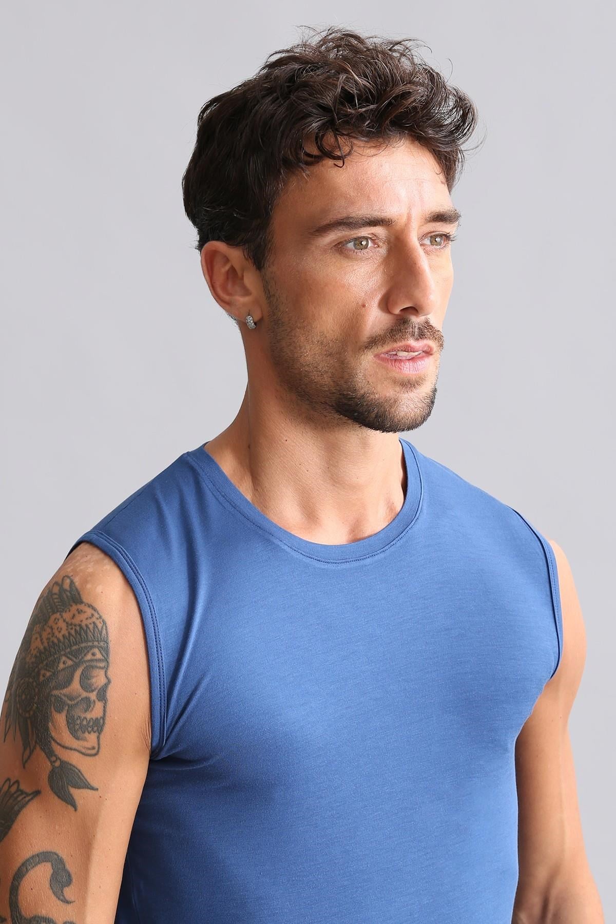Mısırlı Modal by TENCEL HERCULES Slim Fit Bisiklet Yaka Sporcu Atlet / T-Shirt Gece Mavisi