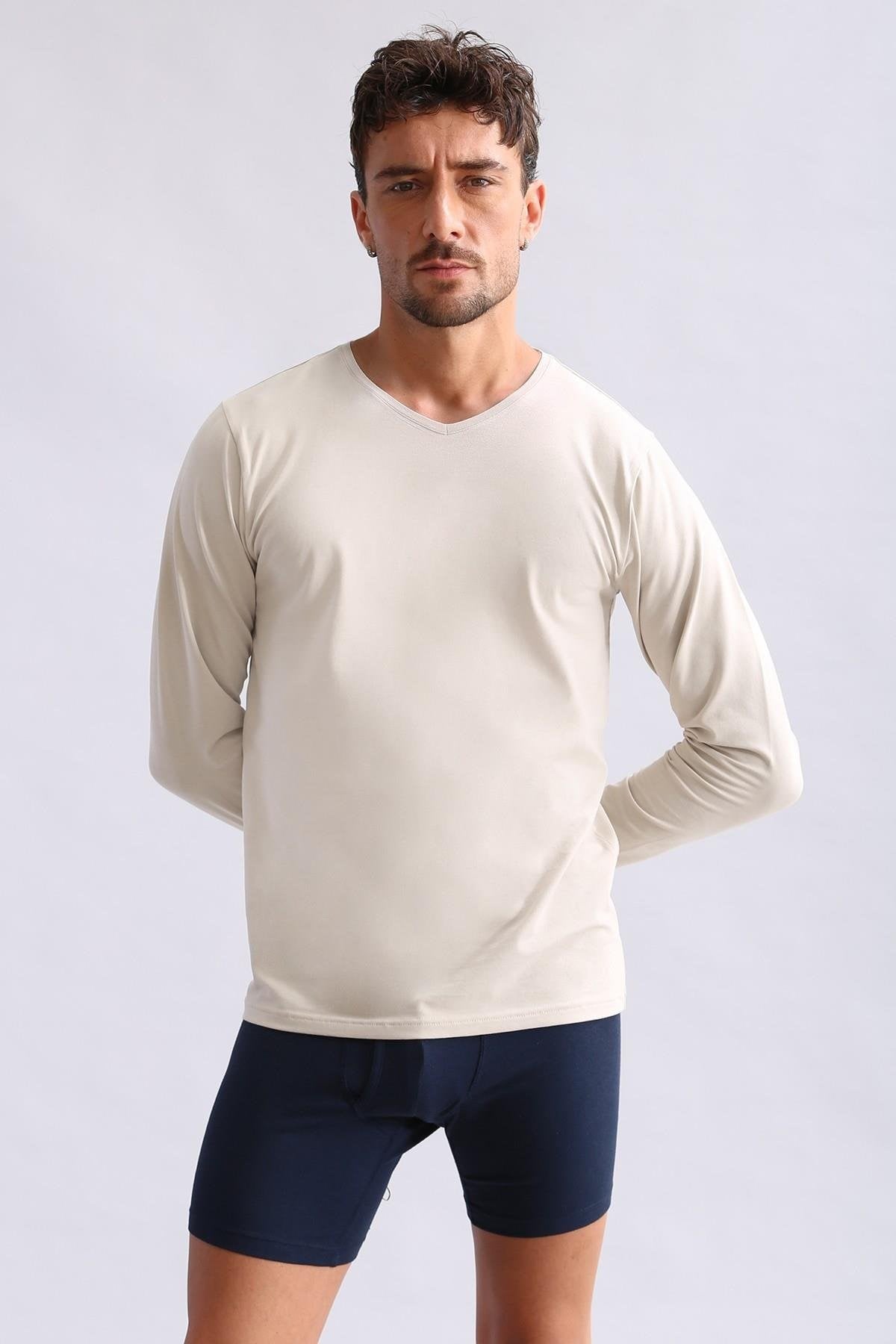 Mısırlı Modal by TENCEL HERCULES Slim Fit V Yaka Uzun Kollu Fanila / T-Shirt Toprak Bej