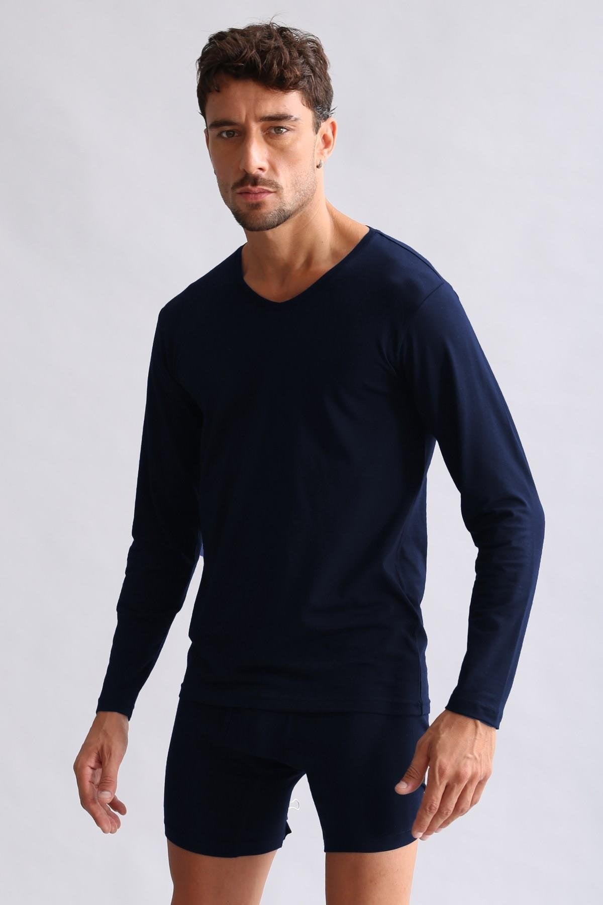 Mısırlı Modal by TENCEL HERCULES Slim Fit V Yaka Uzun Kollu Fanila / T-Shirt Lacivert