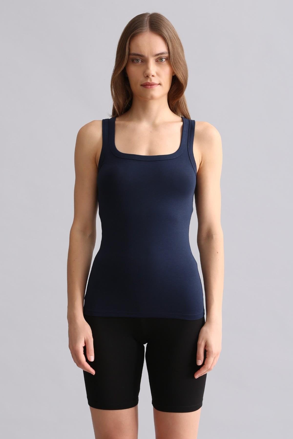 Mısırlı Modal by TENCEL U HELEN Kalın Askılı Long T-Shirt / Atlet Lacivert