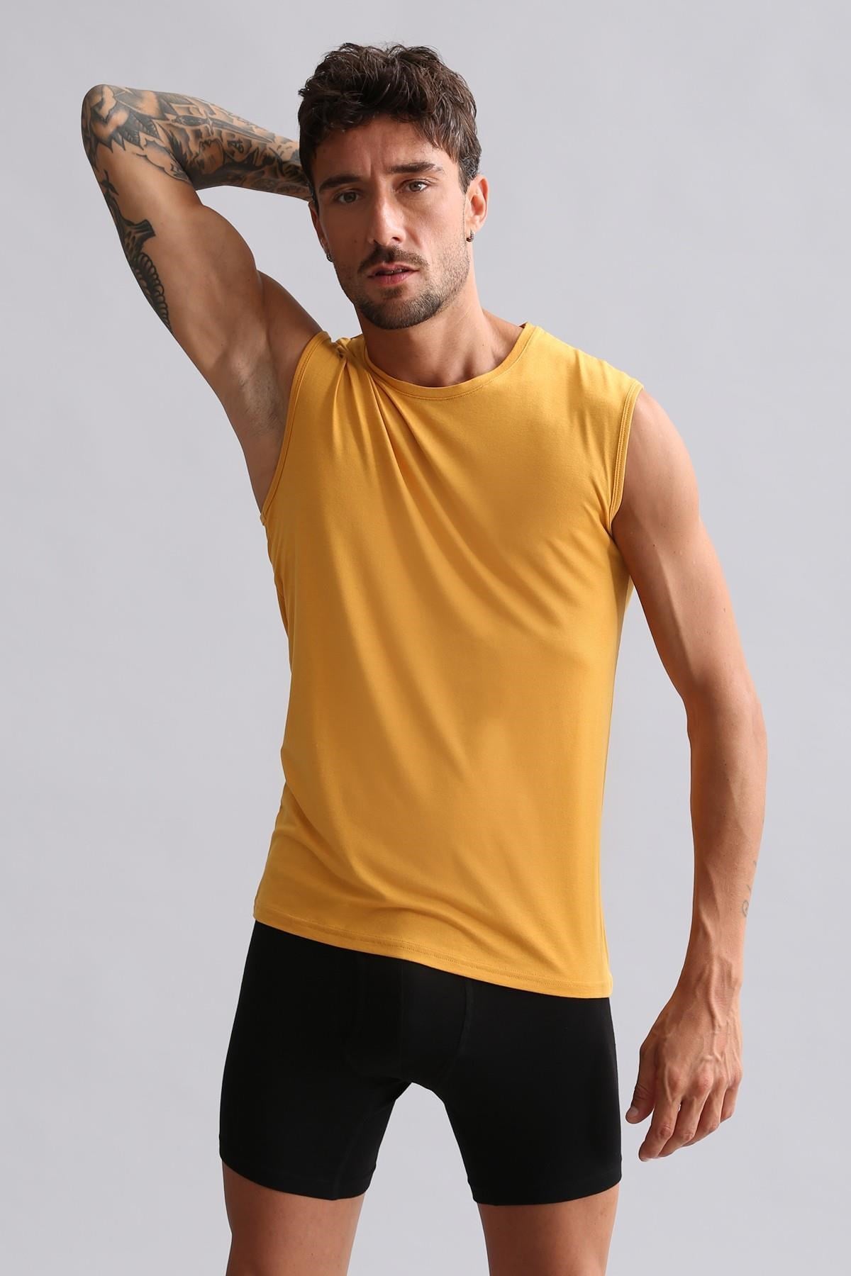 Mısırlı ORGANIC Pamuklu HERCULES Slim Fit Bisiklet Yaka Sporcu Atlet / T-Shirt Hardal