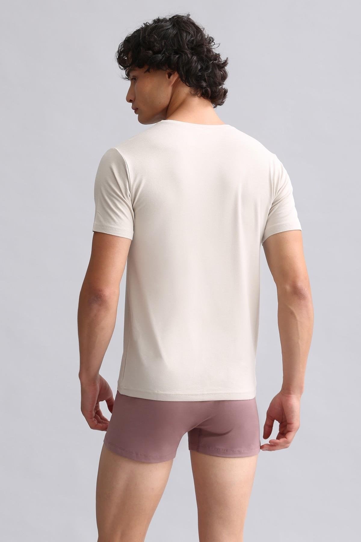 Mısırlı ORGANIC Pamuklu HERCULES Slim Fit V Yaka Fanila / T-Shirt Toprak Bej