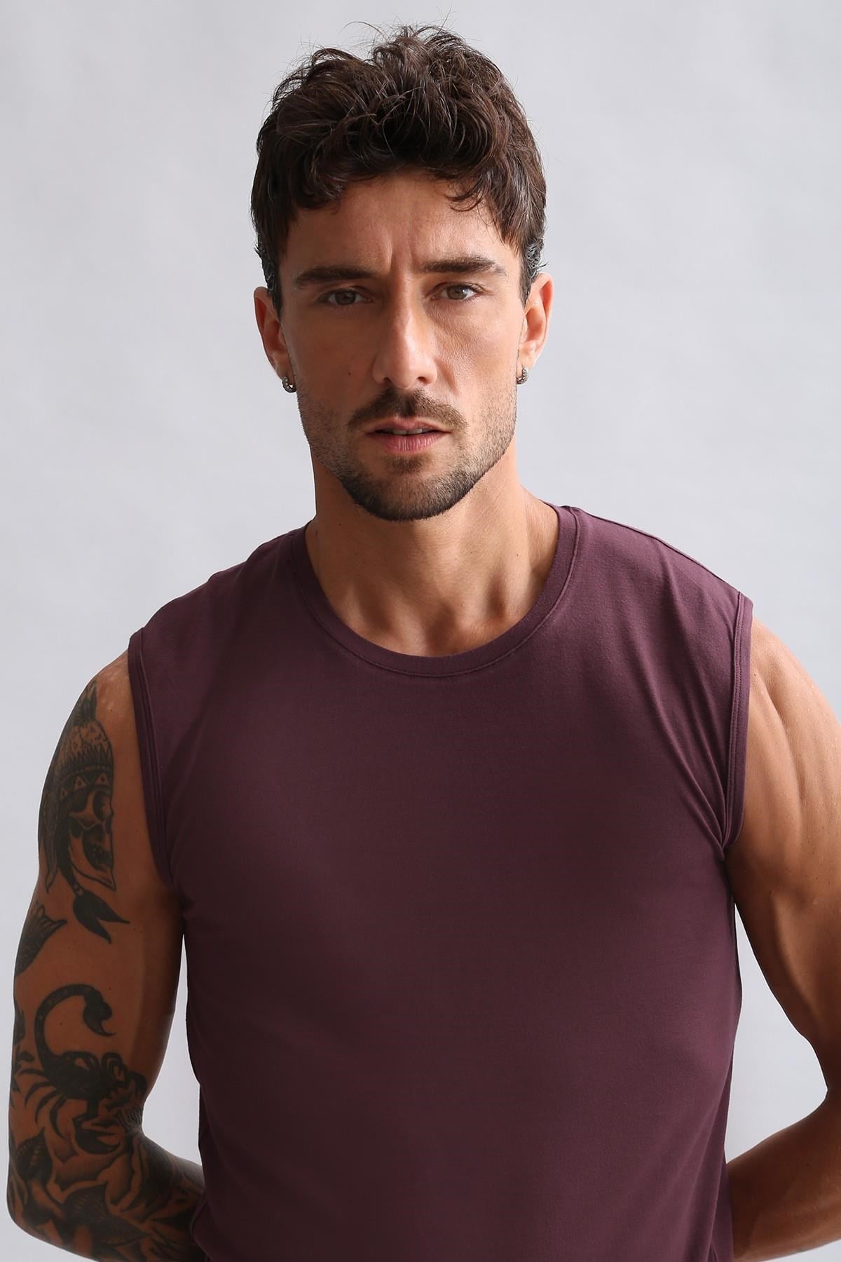 Mısırlı ORGANIC Pamuklu HERCULES Slim Fit Bisiklet Yaka Sporcu Atlet / T-Shirt Mor
