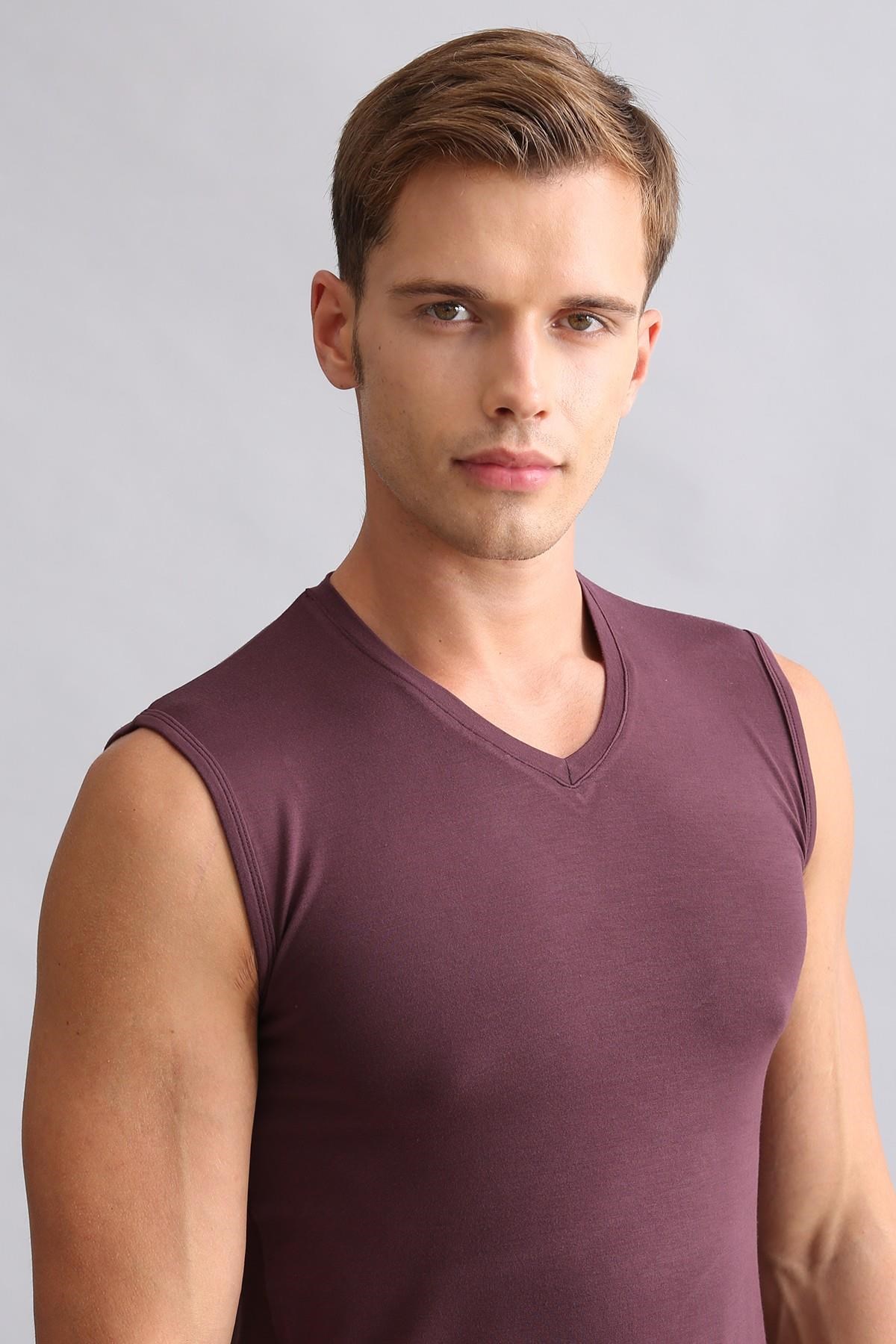 Mısırlı ORGANIC Pamuklu HERCULES Slim Fit V Yaka Sporcu Atlet / T-Shirt Mor