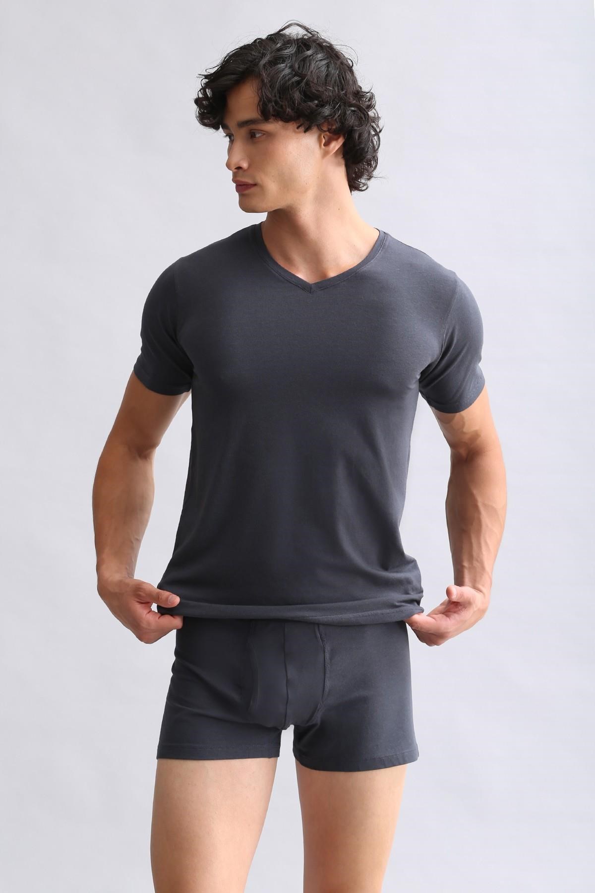Mısırlı ORGANIC Pamuklu HERCULES Slim Fit V Yaka Fanila / T-Shirt Antrasit