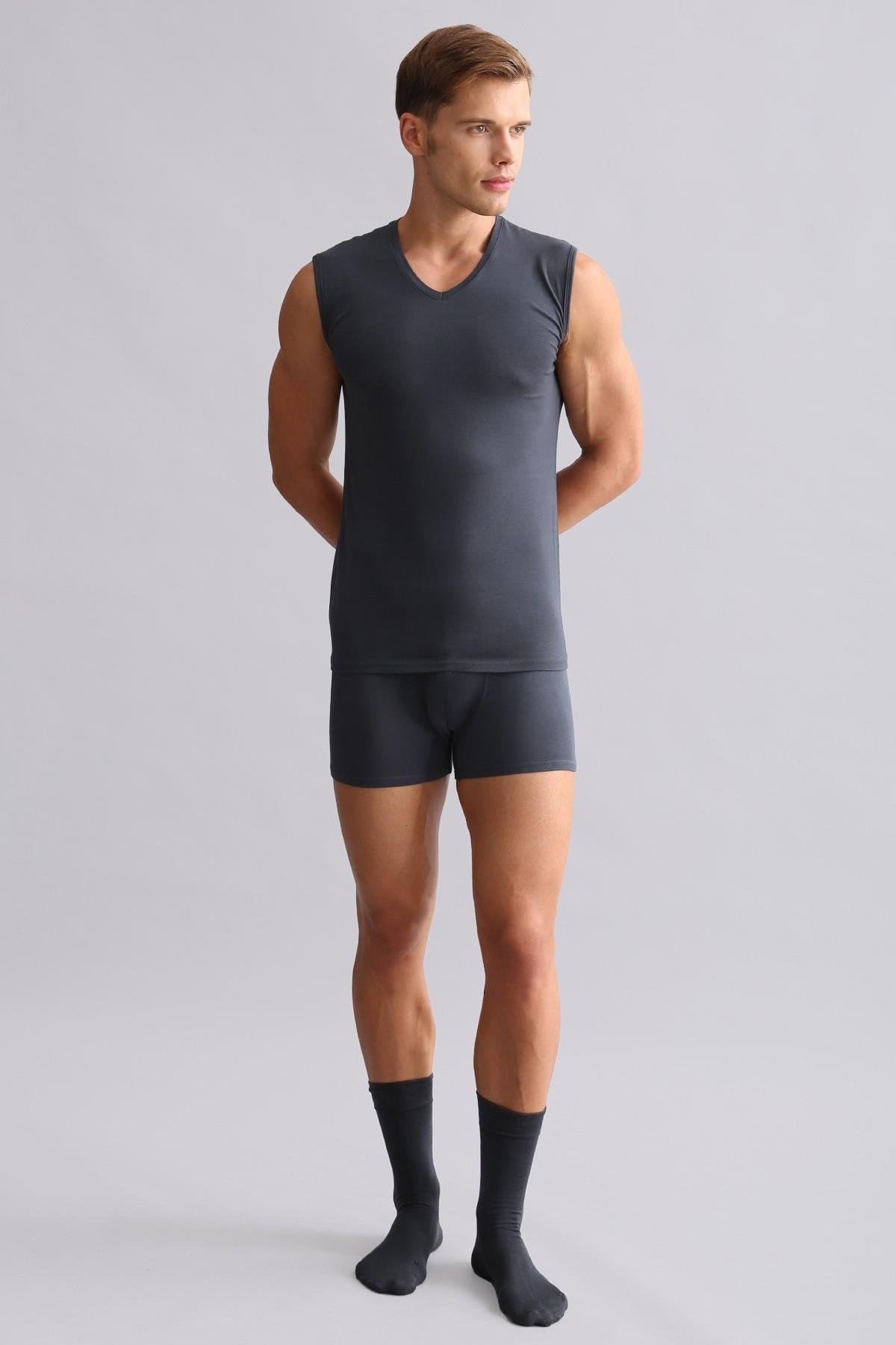 Mısırlı ORGANIC Pamuklu HERCULES Slim Fit V Yaka Sporcu Atlet / T-Shirt Antrasit