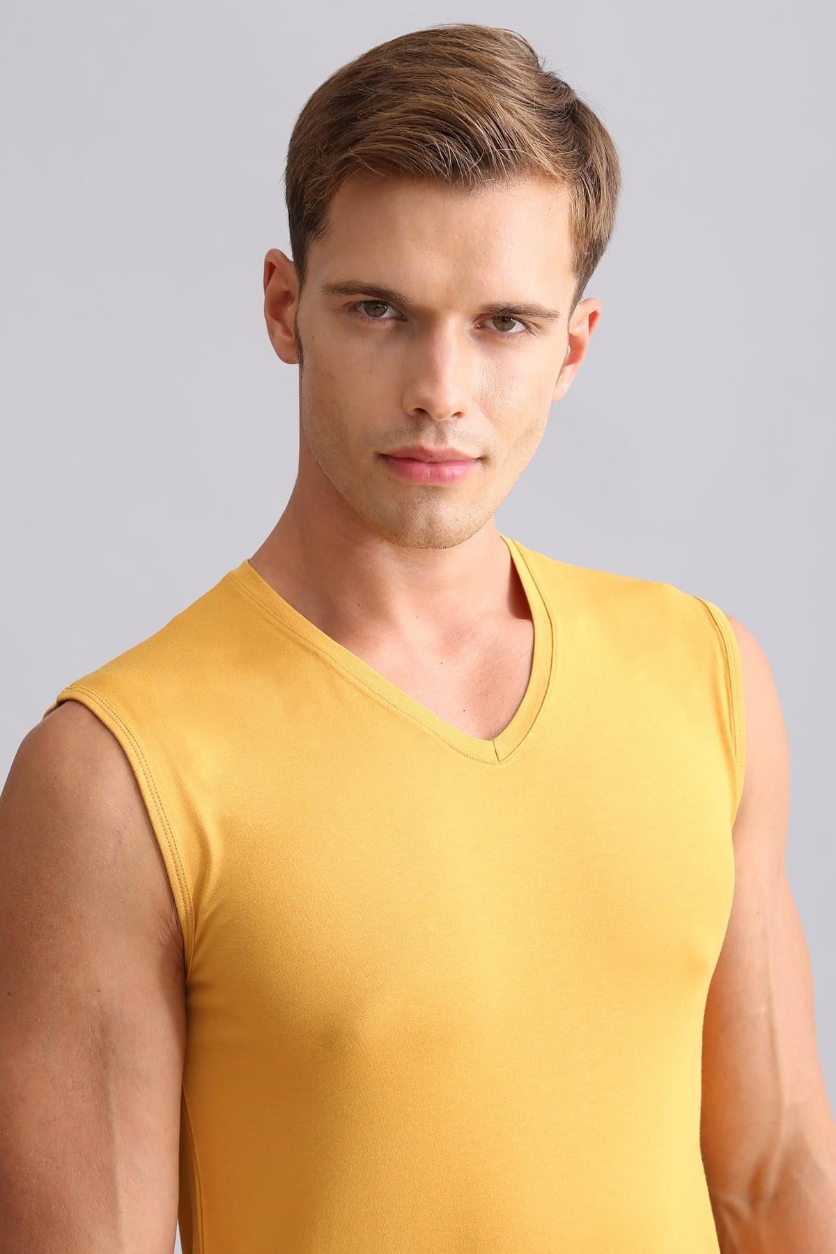 Mısırlı ORGANIC Pamuklu HERCULES Slim Fit V Yaka Sporcu Atlet / T-Shirt Hardal