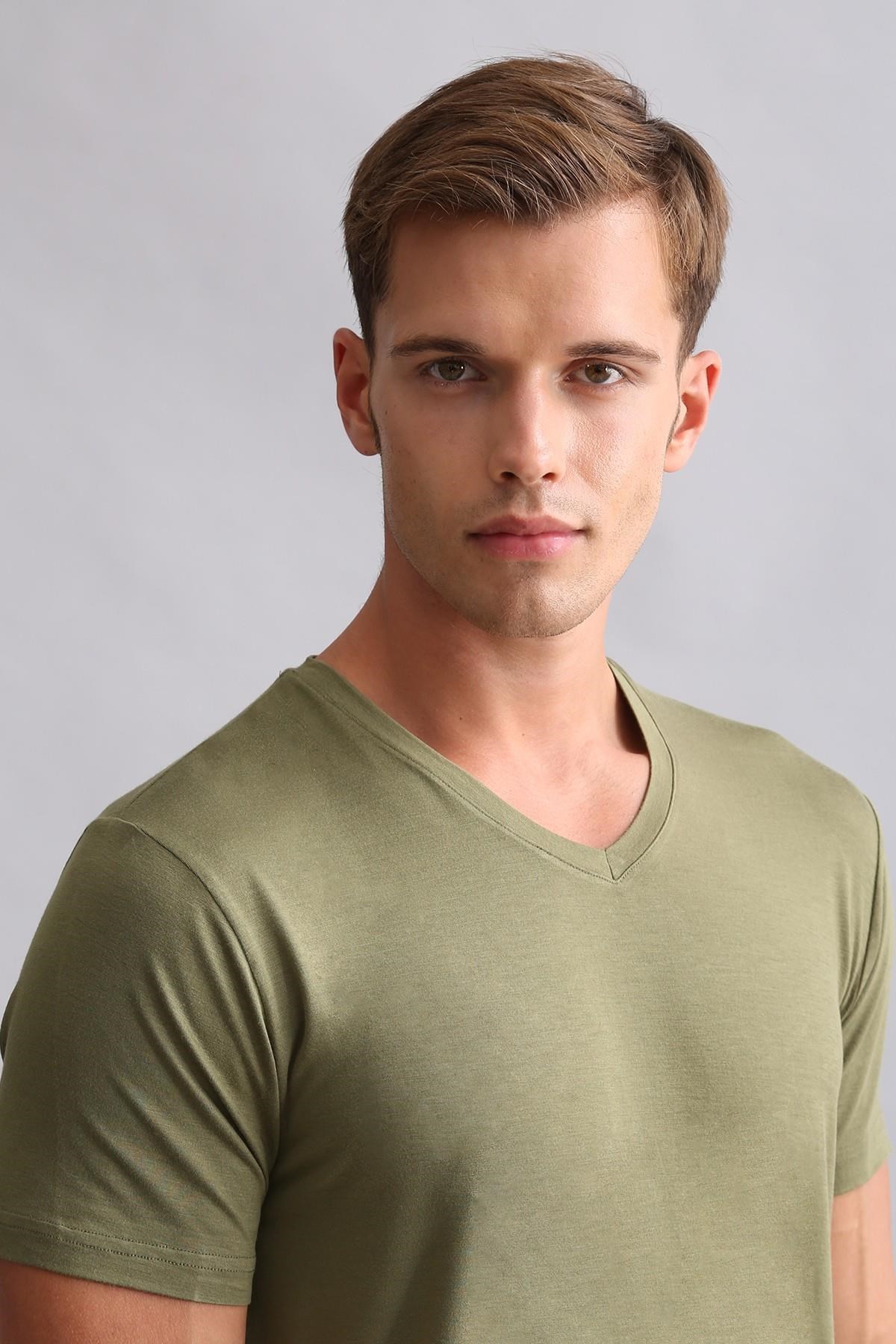 Mısırlı ORGANIC Pamuklu ZEUS LUXURY Regular Fit V Yaka Fanila / T-Shirt Haki Zeytin