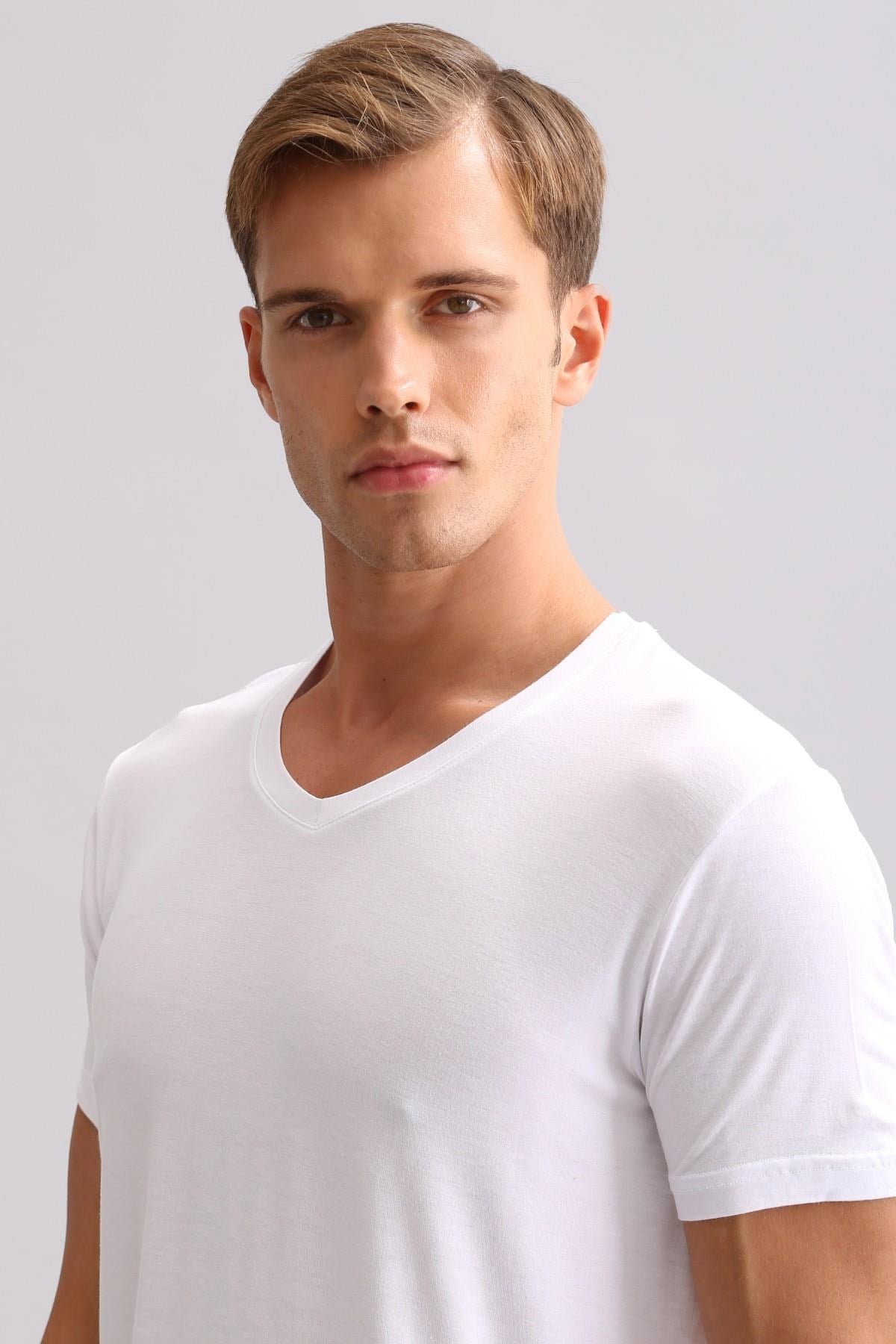 Mısırlı ORGANIC Pamuklu ZEUS LUXURY Regular Fit V Yaka Fanila / T-Shirt Beyaz