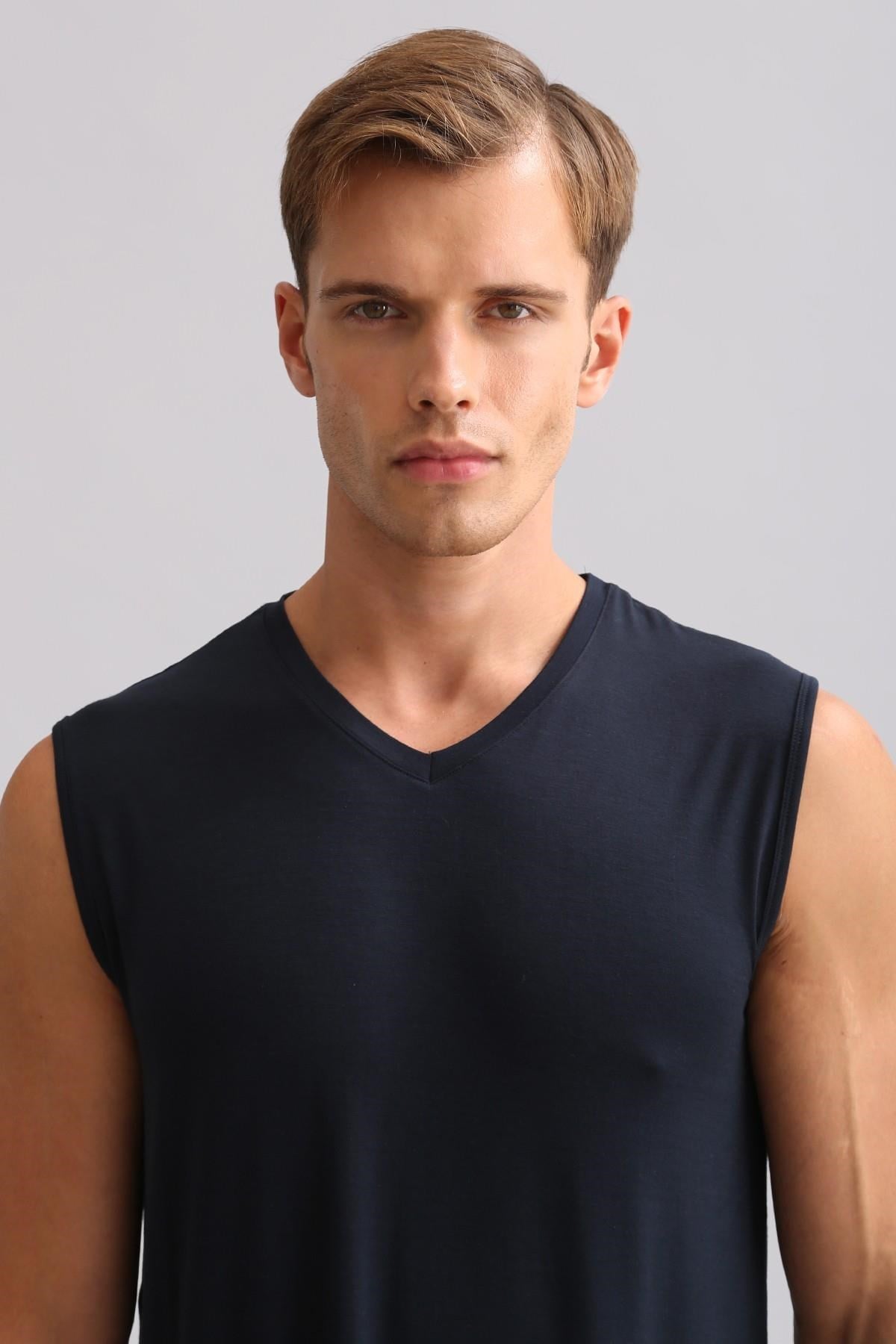 Mısırlı ORGANIC Pamuklu ZEUS LUXURY Regular Fit V Yaka Sporcu Atlet / T-Shirt Lacivert