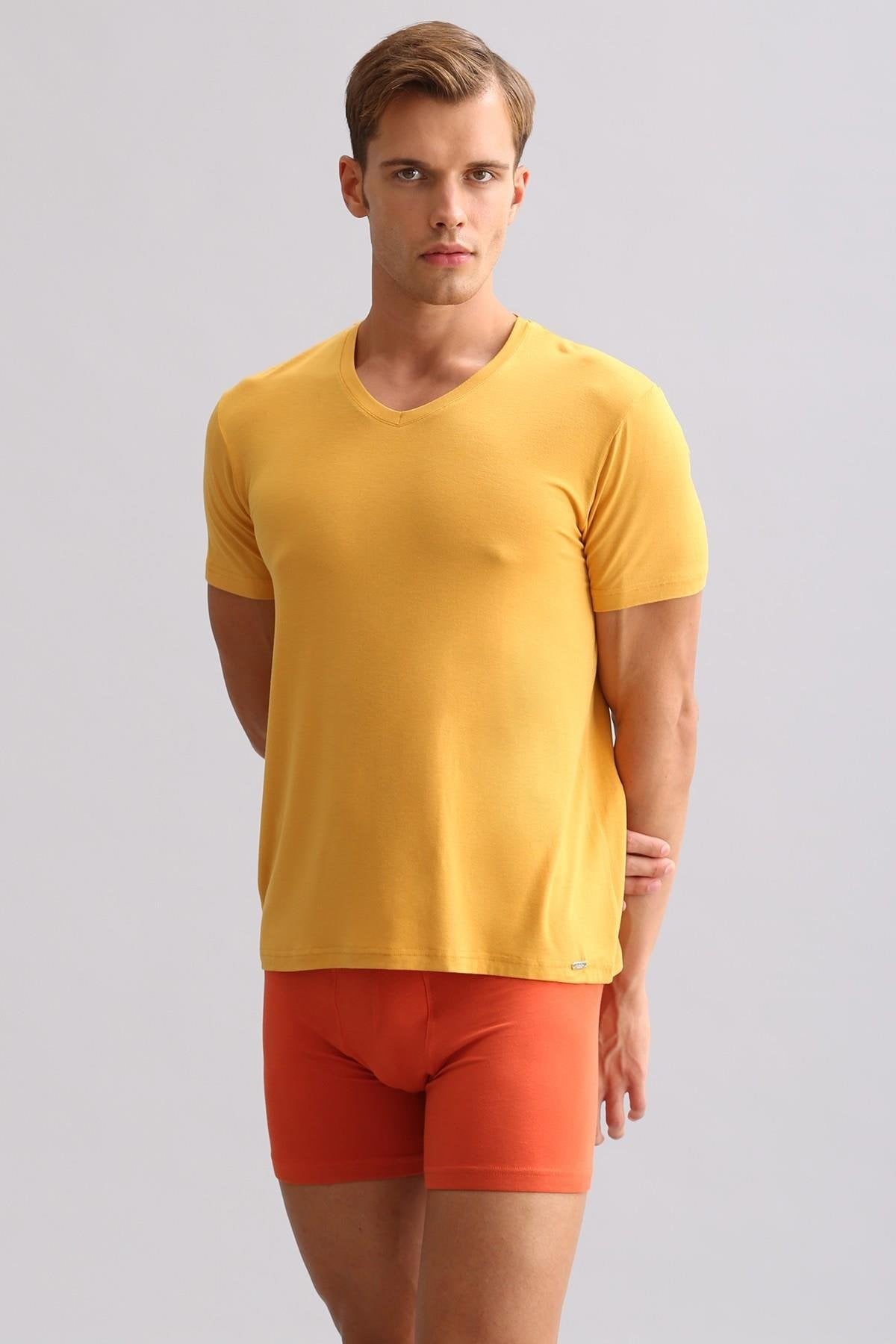 Mısırlı ORGANIC Pamuklu ZEUS LUXURY Regular Fit V Yaka Fanila / T-Shirt Hardal