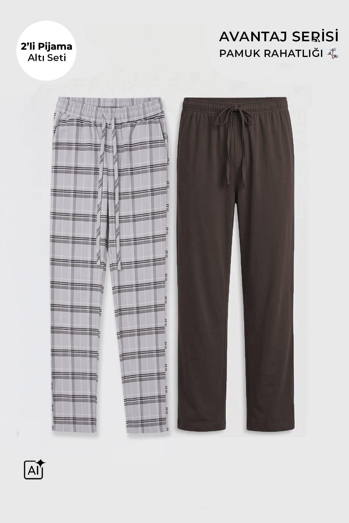 Mısırlı Pamuklu Erkek İkili Alt Pijama Ekose Gri-Kahverengi