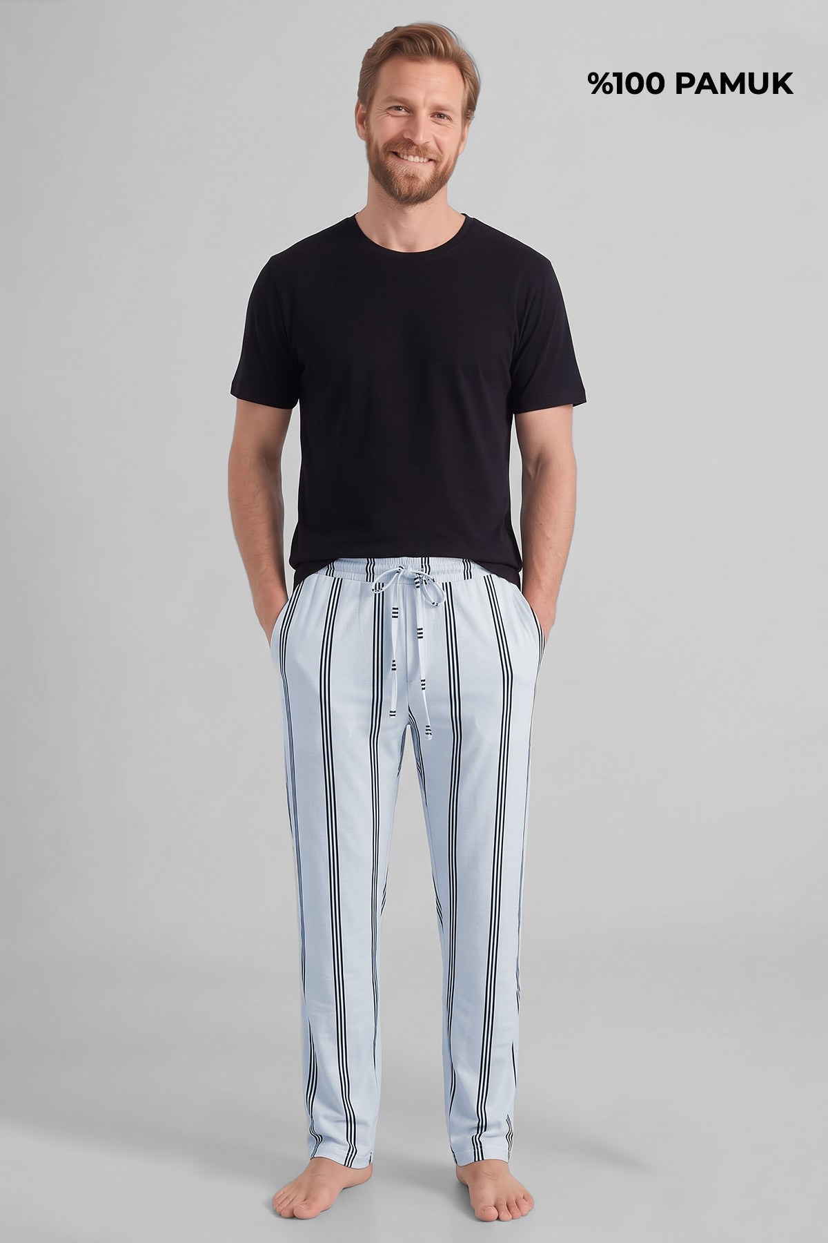 Mısırlı Pamuklu Erkek İkili Alt Pijama Çizgili Beyaz-Siyah