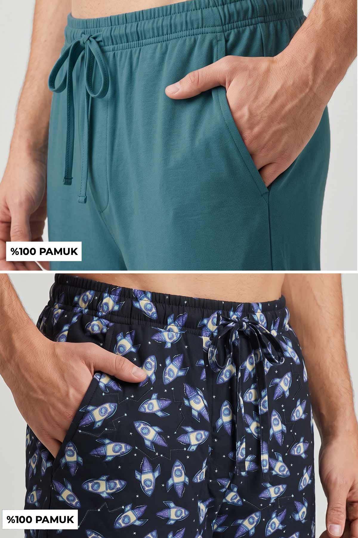 Mısırlı Pamuklu Erkek İkili Alt Pijama Baskılı Siyah-Petrol Yeşil