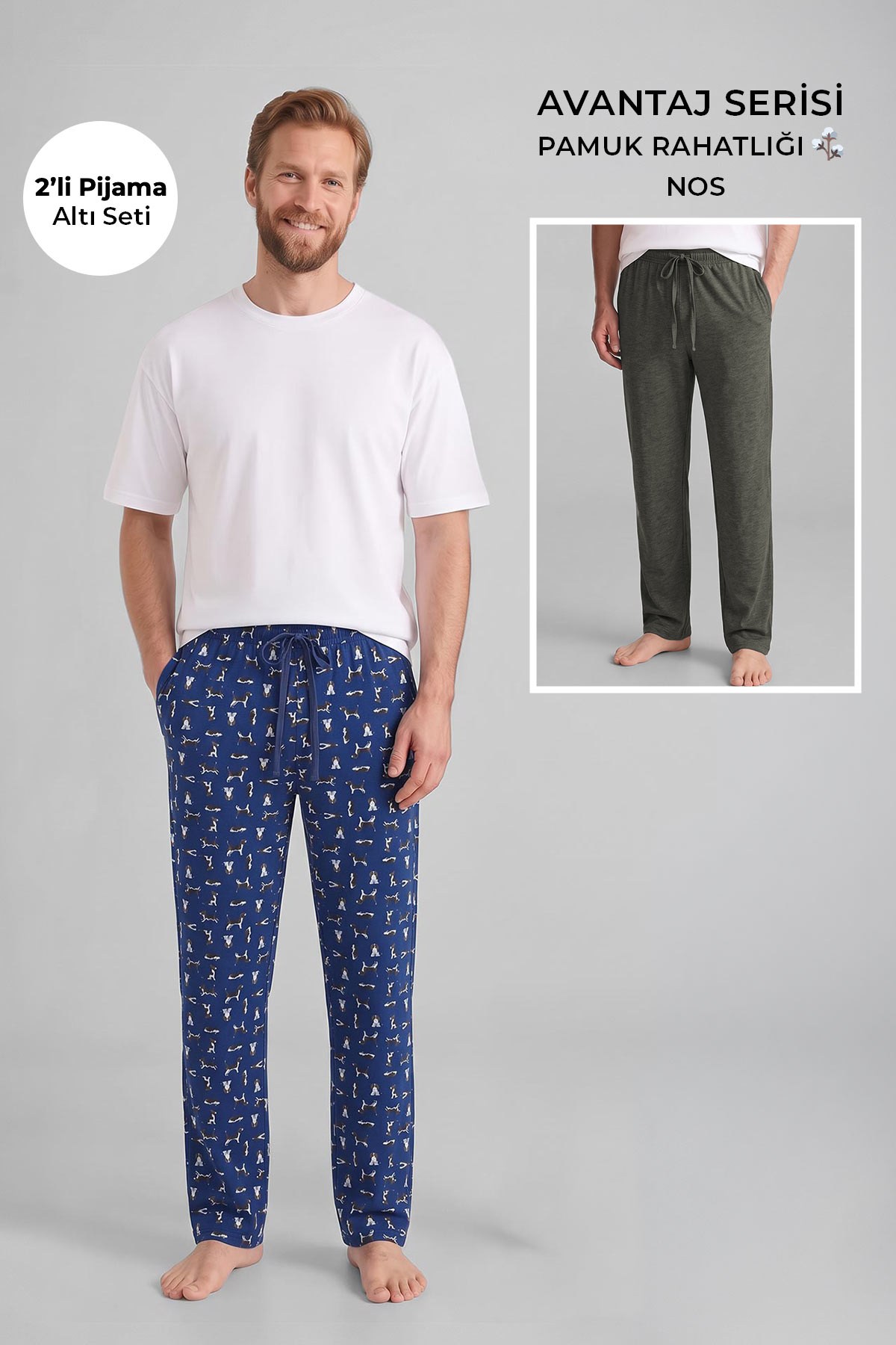 Mısırlı Pamuklu Erkek İkili Alt Pijama Baskılı Lacivert-Yeşil Melanj