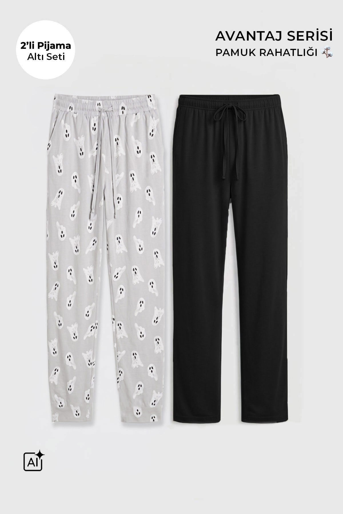 Mısırlı Pamuklu Erkek İkili Alt Pijama Baskılı Gri-Siyah