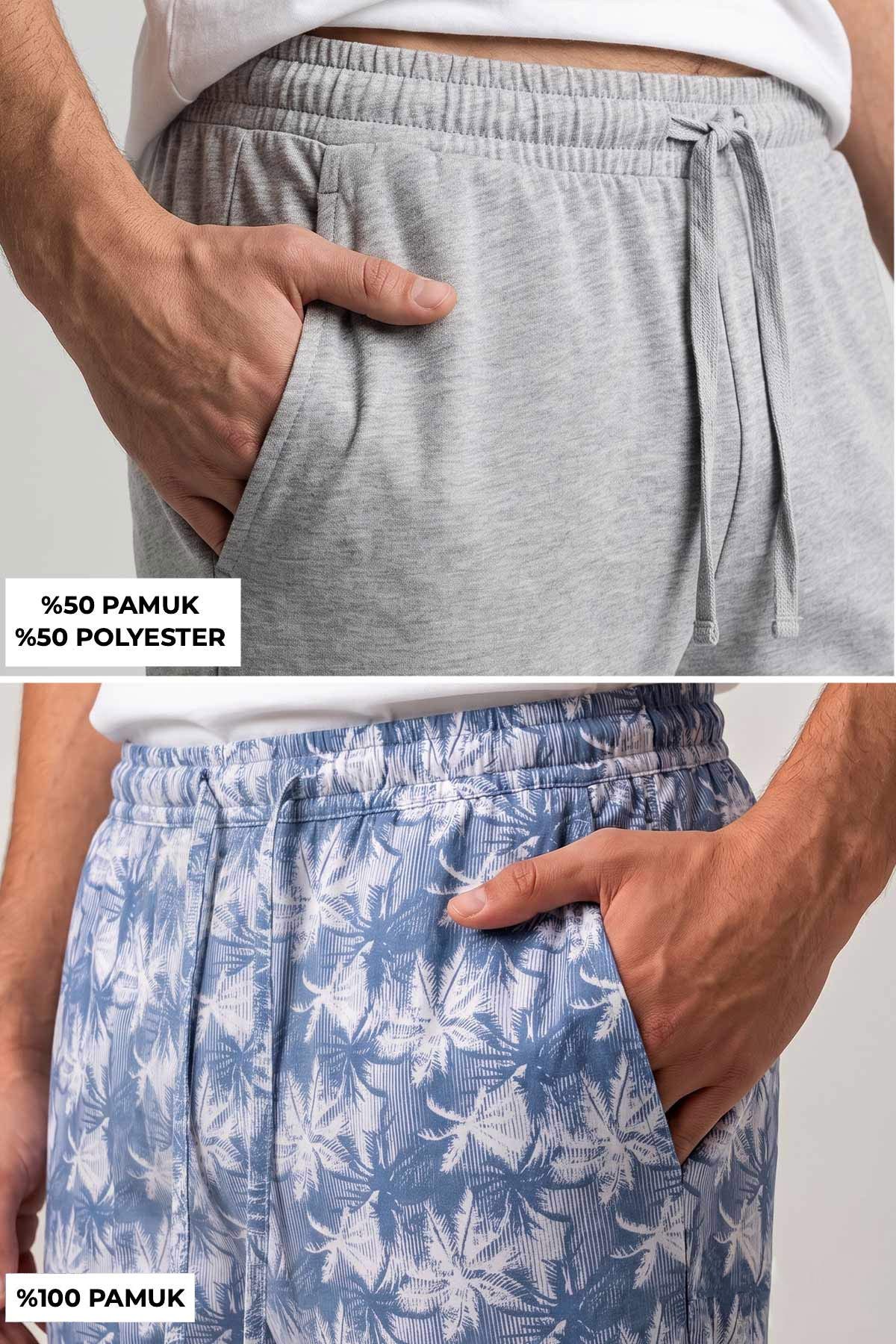 Mısırlı Pamuklu Erkek İkili Alt Pijama Baskılı İndigo-Gri Melanj