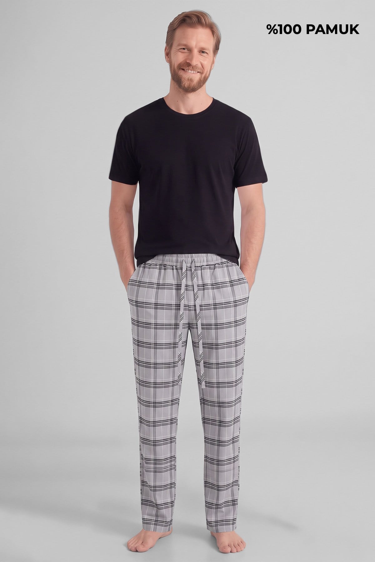 Mısırlı Pamuklu Erkek İkili Alt Pijama Ekose Gri-Kahverengi