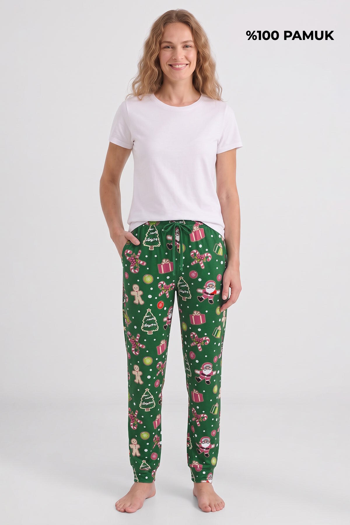 Mısırlı Pamuklu Kadın İkili Alt Pijama Baskılı Yeşil-Bej