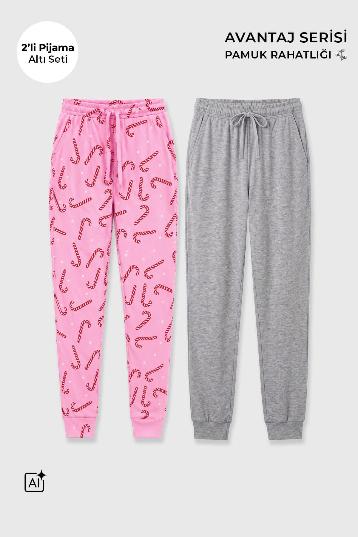 Mısırlı Pamuklu Kadın İkili Alt Pijama Baskılı Pembe-Gri Melanj