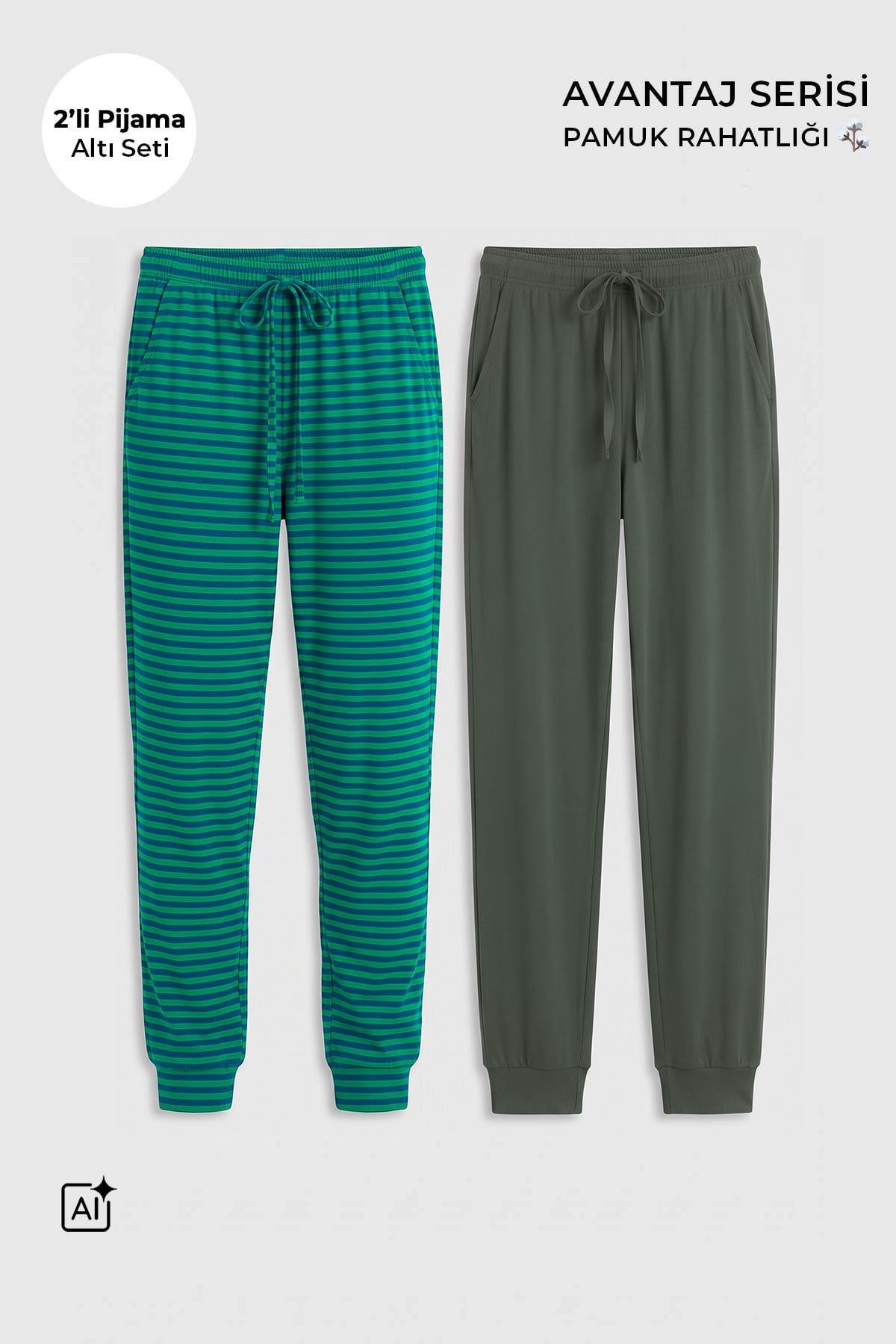 Mısırlı Pamuklu Kadın İkili Alt Pijama Çizgili Yeşil-Haki