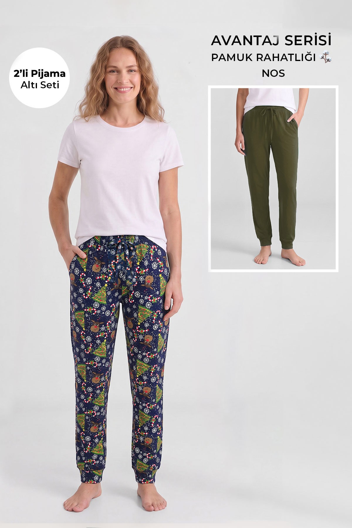 Mısırlı Pamuklu Kadın İkili Alt Pijama Baskılı Lacivert-Açık Haki