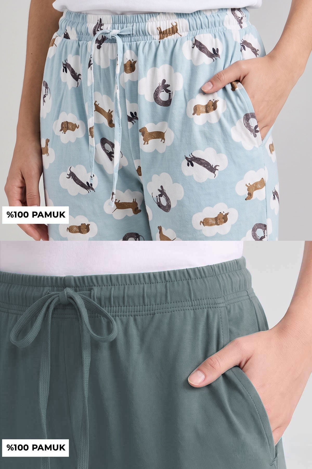 Mısırlı Pamuklu Kadın İkili Alt Pijama Baskılı Mint-Çağla Yeşil