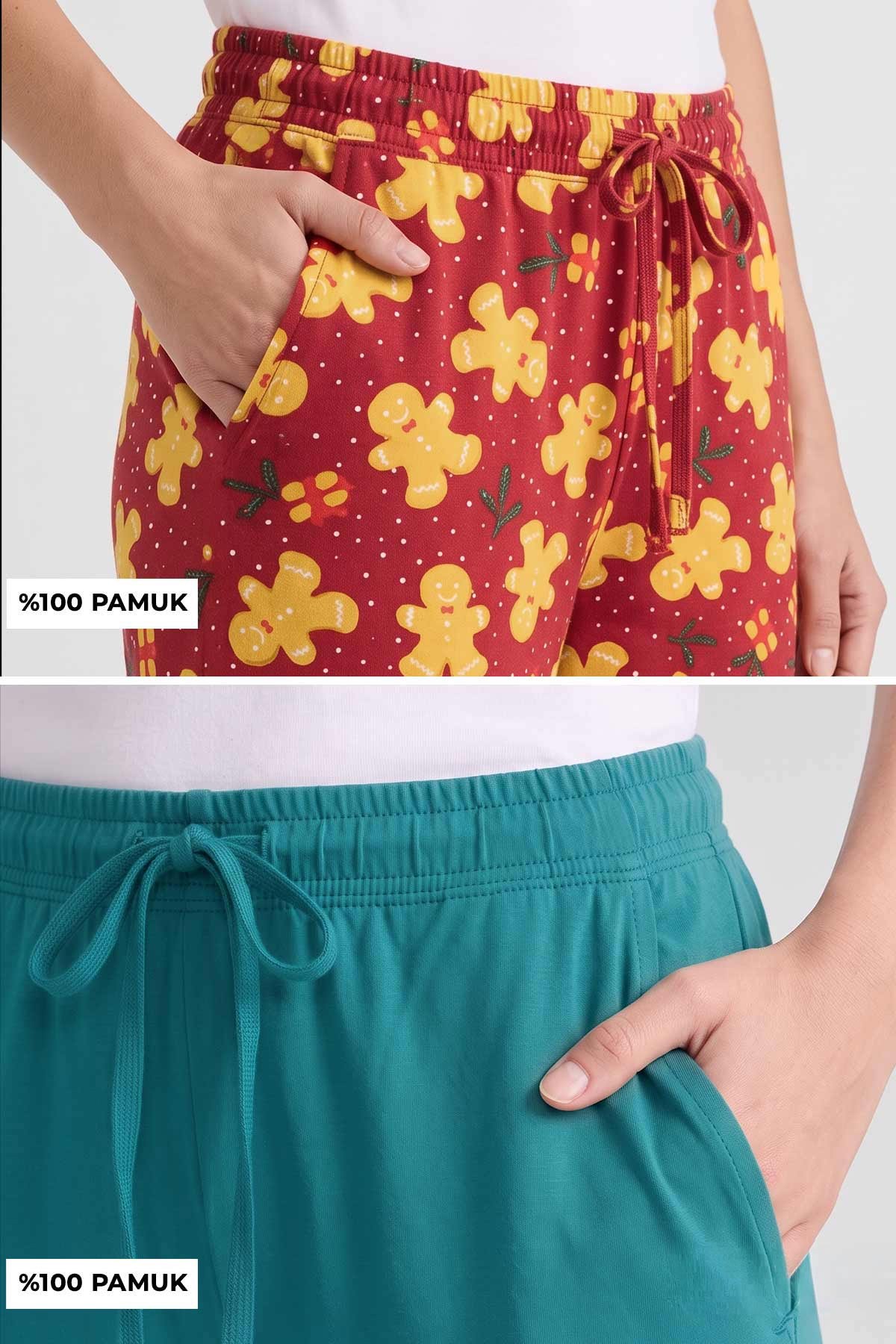 Mısırlı Pamuklu Kadın İkili Alt Pijama Baskılı Kırmızı-Yeşil