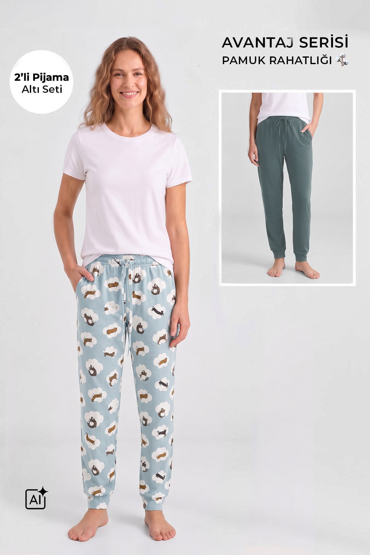 Mısırlı Pamuklu Kadın İkili Alt Pijama Baskılı Mint-Çağla Yeşil
