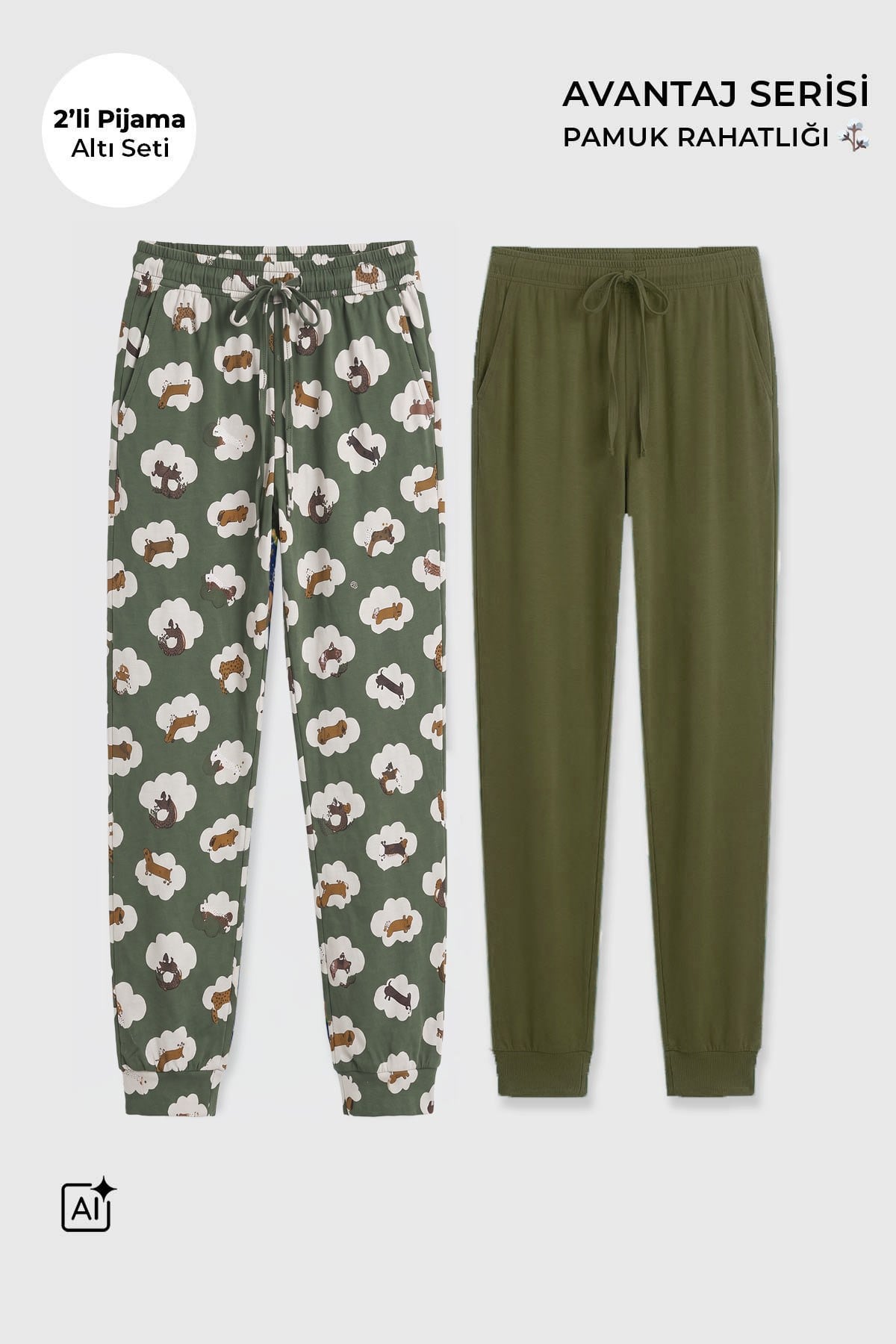 Mısırlı Pamuklu Kadın İkili Alt Pijama Baskılı Ekru-Haki