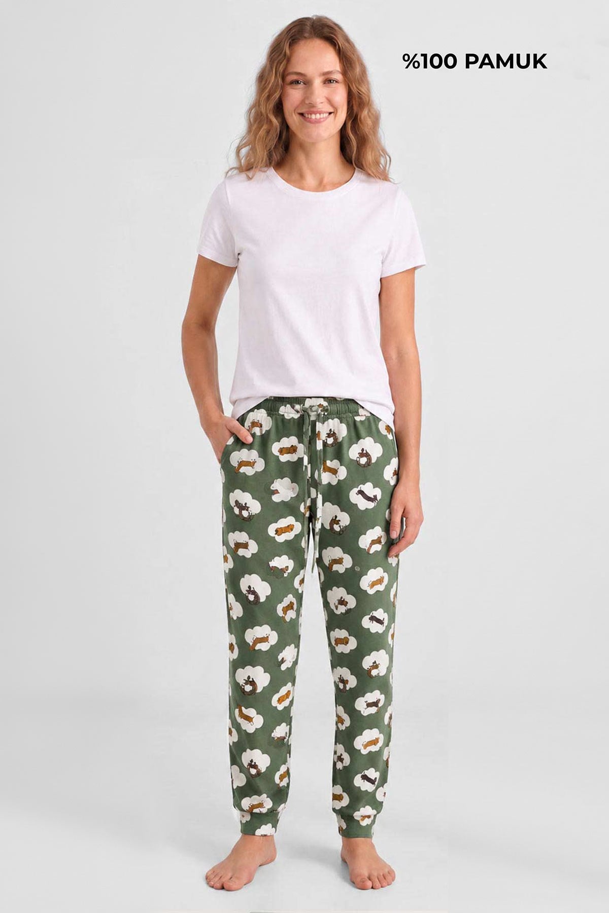 Mısırlı Pamuklu Kadın İkili Alt Pijama Baskılı Ekru-Haki