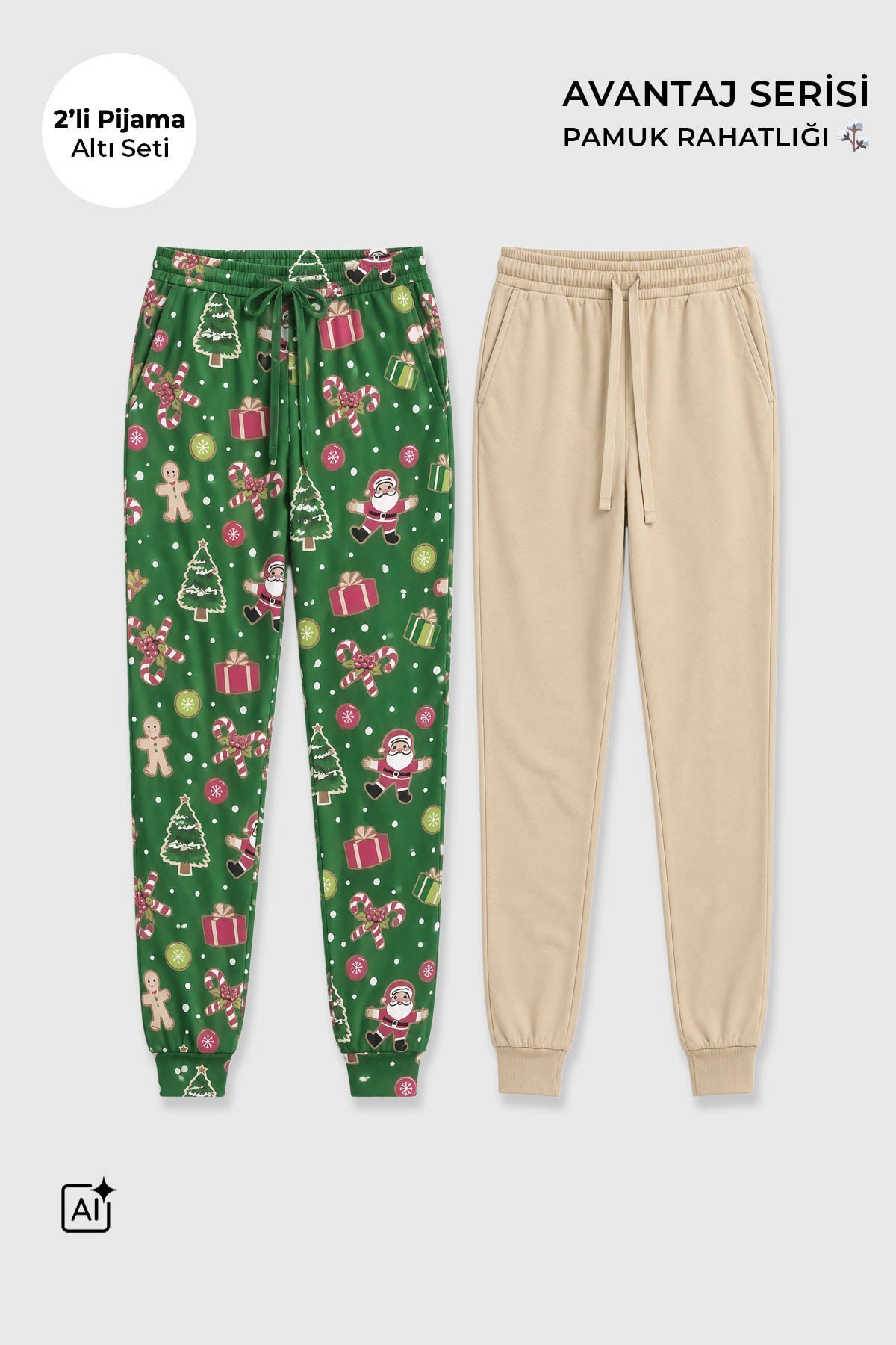Mısırlı Pamuklu Kadın İkili Alt Pijama Baskılı Yeşil-Bej