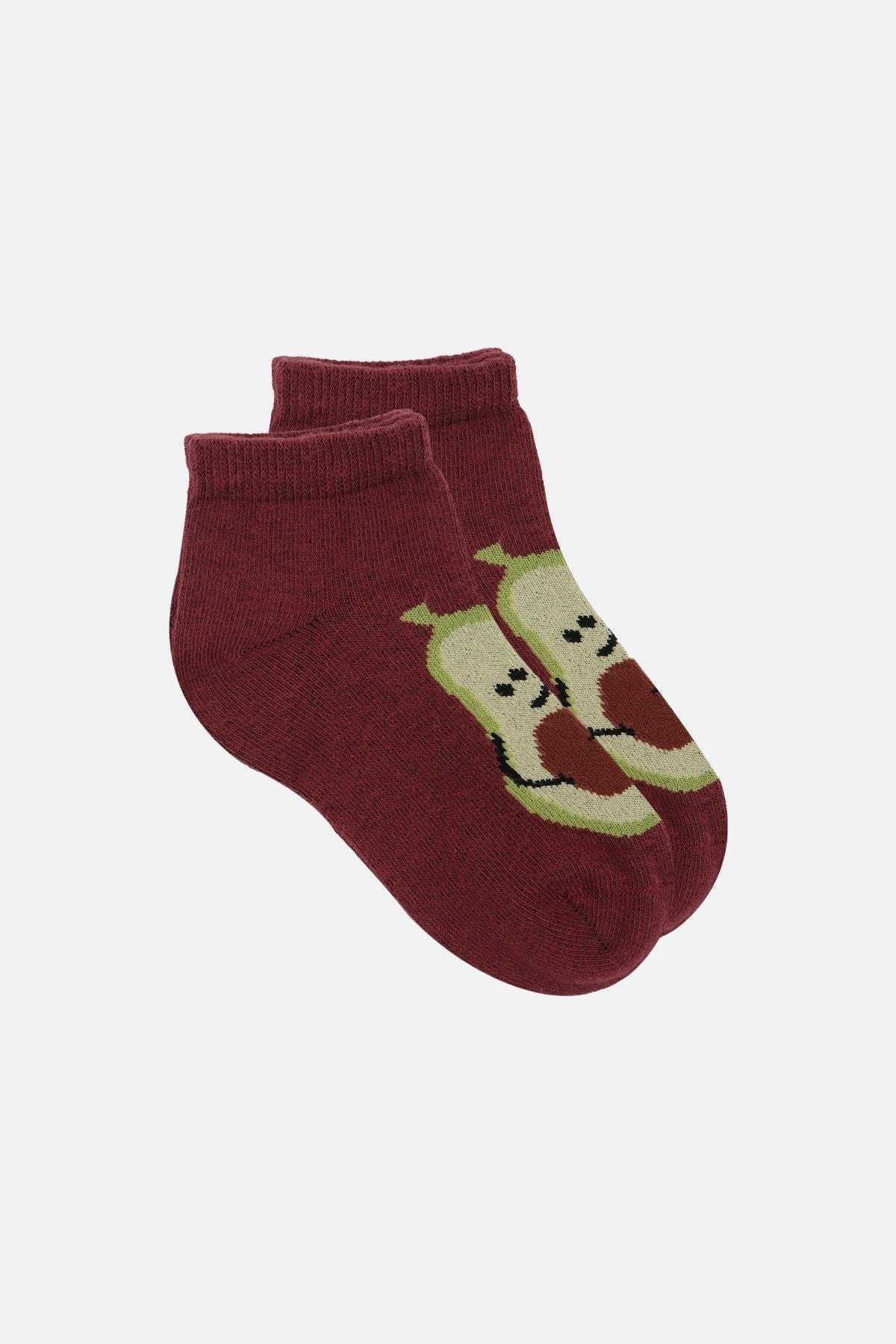 Mısırlı Unisex Pamuklu 3 Çift Avokado Desenli Çocuk Patik Çorap Avokado Desenli