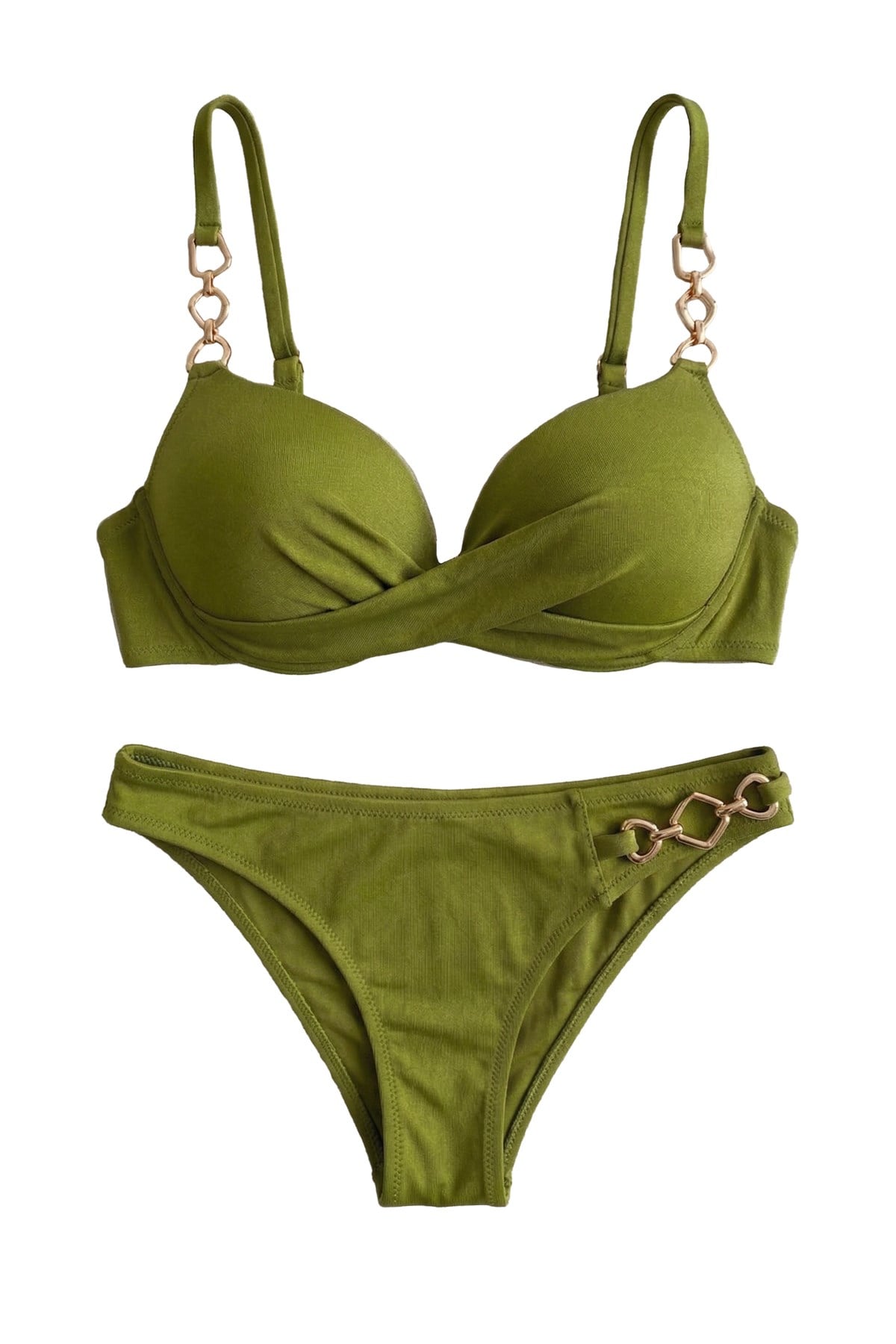 Mısırlı Zincir Detaylı Double Dolgulu Bikini Takım Çağla Yeşili